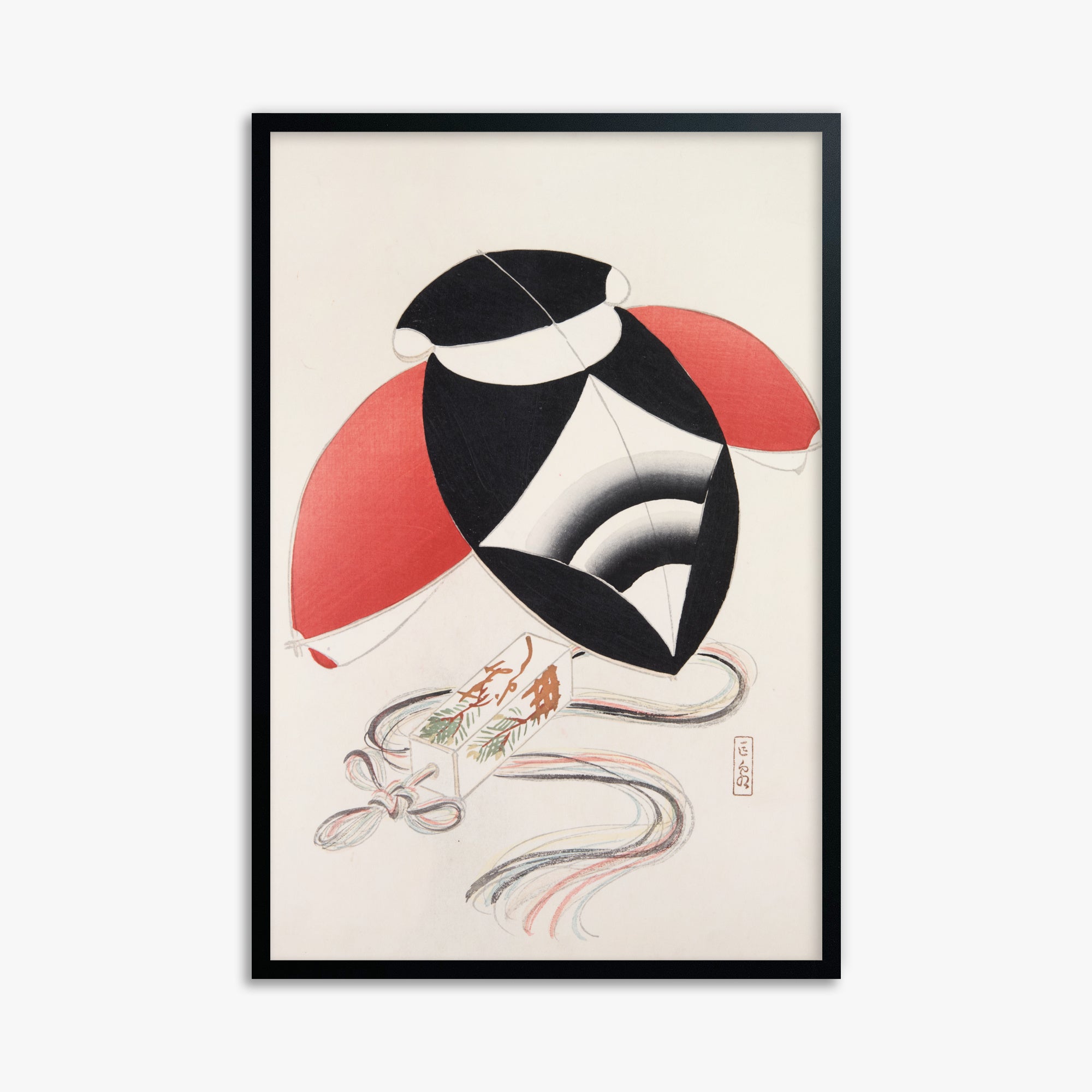 Kawasaki Kyosen: Kyosen’s Collected Illustrations of Japanese Toys Nr. 56 ("Harlequin Festival Kite"), 61x91cm Framed Art Reproduction With Black Frame