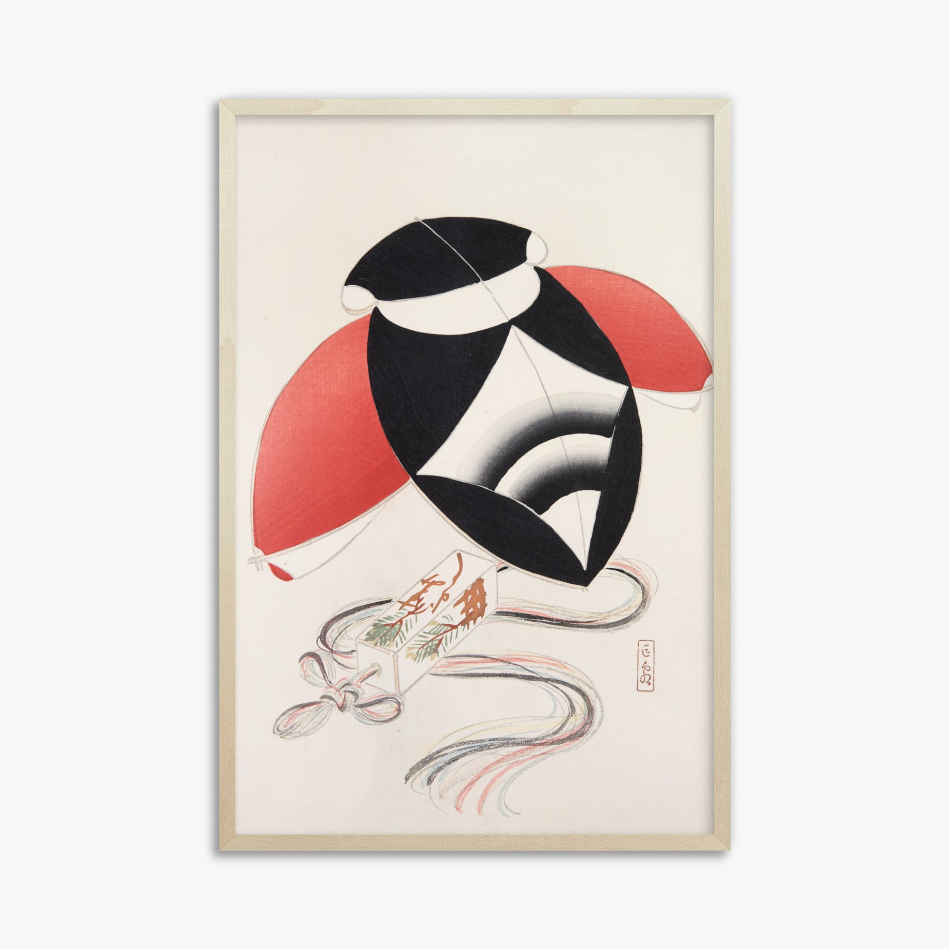 Kawasaki Kyosen: Kyosen’s Collected Illustrations of Japanese Toys Nr. 56 ("Harlequin Festival Kite"), 61x91cm Framed Art Reproduction With Lime Wood Frame