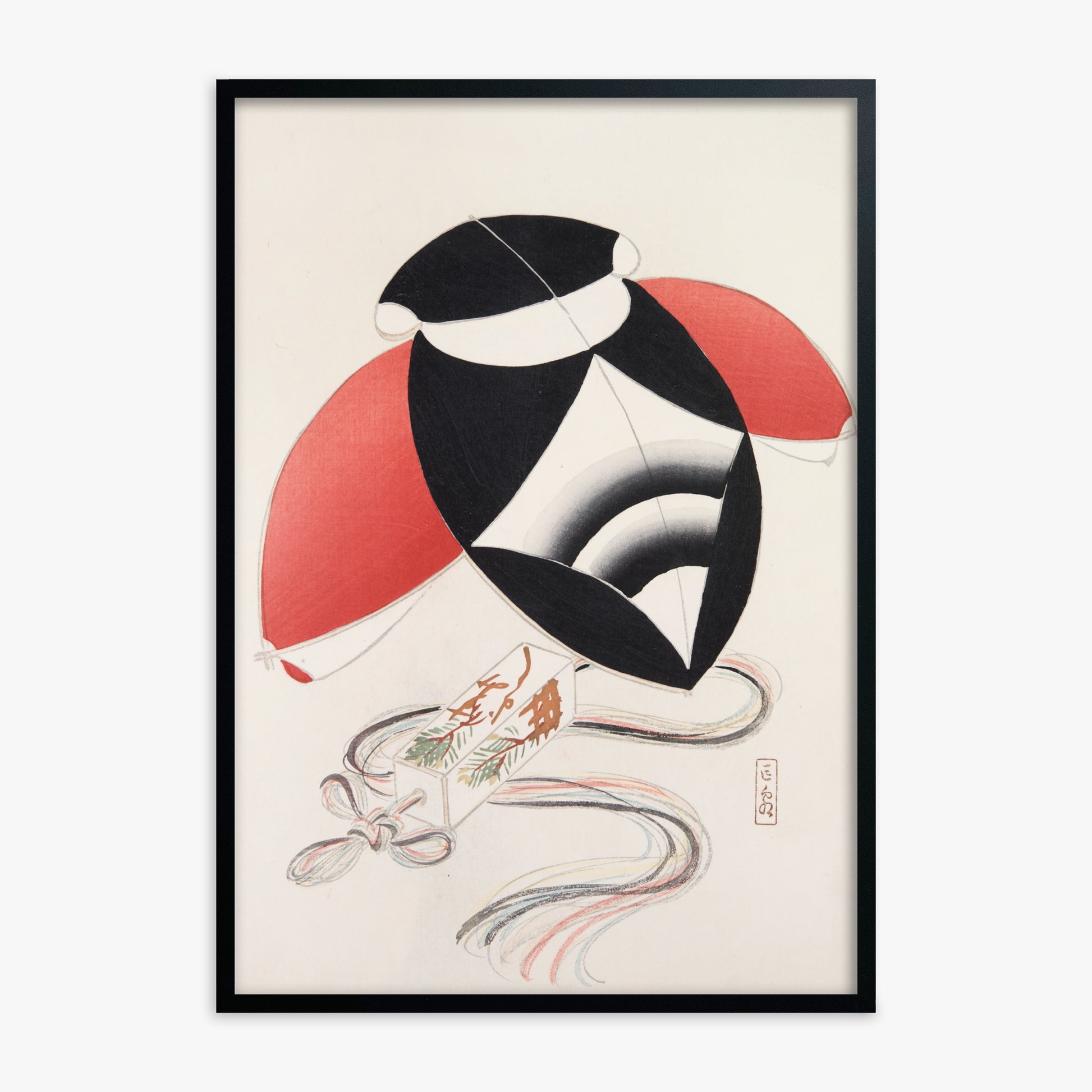 Kawasaki Kyosen: Kyosen’s Collected Illustrations of Japanese Toys Nr. 56 ("Harlequin Festival Kite"), Black Framed Art Reproduction With Black Frame