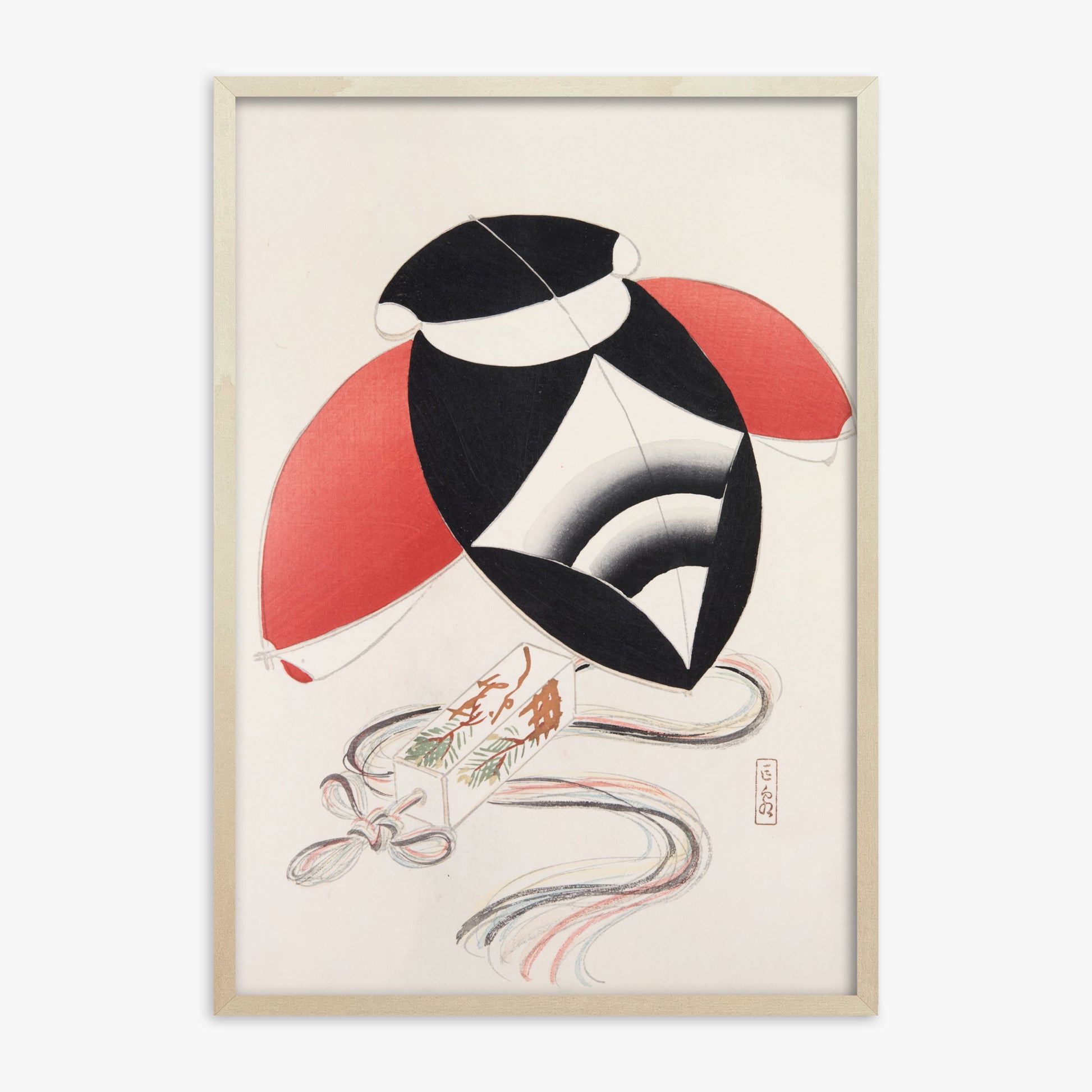 Kawasaki Kyosen: Kyosen’s Collected Illustrations of Japanese Toys Nr. 56 ("Harlequin Festival Kite"), 70x100cm Framed Art Reproduction With Lime Wood Frame