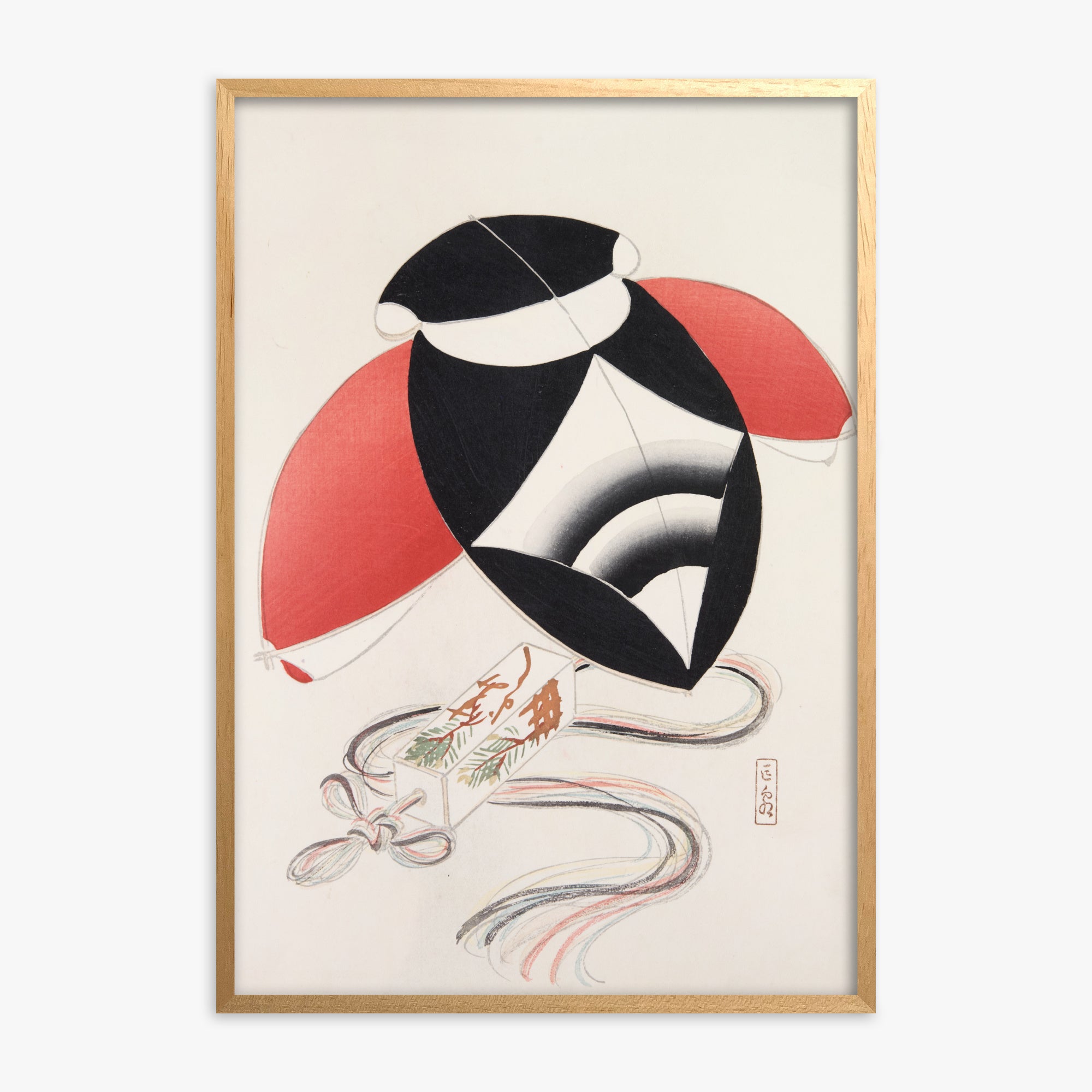 Kawasaki Kyosen: Kyosen’s Collected Illustrations of Japanese Toys Nr. 56 ("Harlequin Festival Kite"), Oak Framed Art Reproduction With Oak Frame