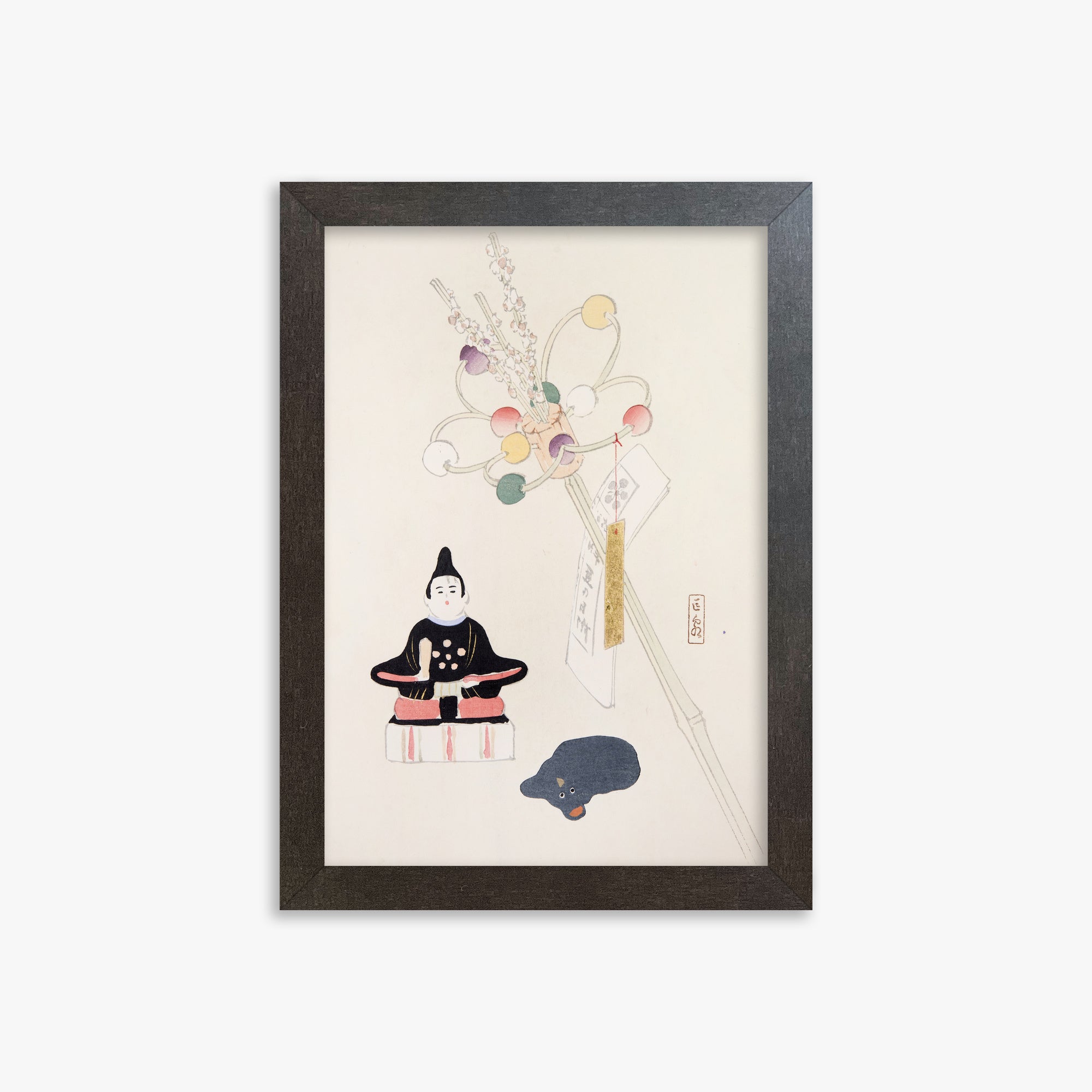 Kawasaki Kyosen: Kyosen’s Collected Illustrations of Japanese Toys Nr. 57 ("Serene Dolls Festival"), 21x30cm Framed Art Reproduction With Espresso Frame