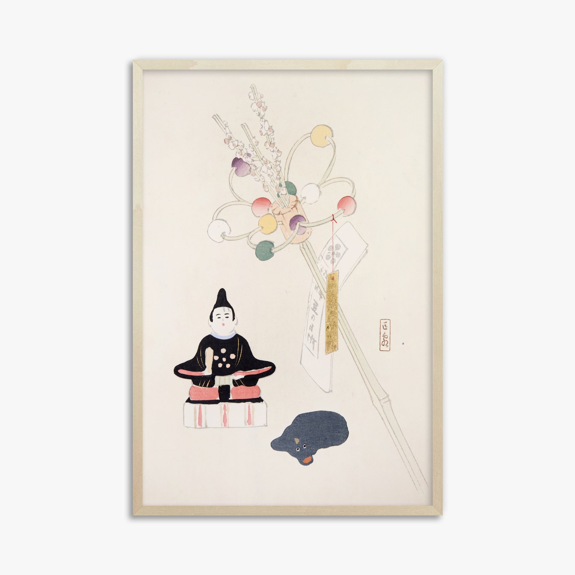 Kawasaki Kyosen: Kyosen’s Collected Illustrations of Japanese Toys Nr. 57 ("Serene Dolls Festival"), 61x91cm Framed Art Reproduction With Lime Wood Frame