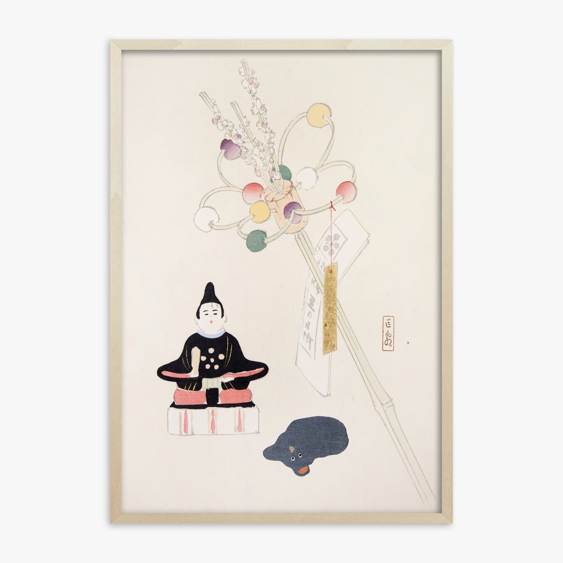 Kawasaki Kyosen: Kyosen’s Collected Illustrations of Japanese Toys Nr. 57 ("Serene Dolls Festival"), 70x100cm Framed Art Reproduction With Lime Wood Frame