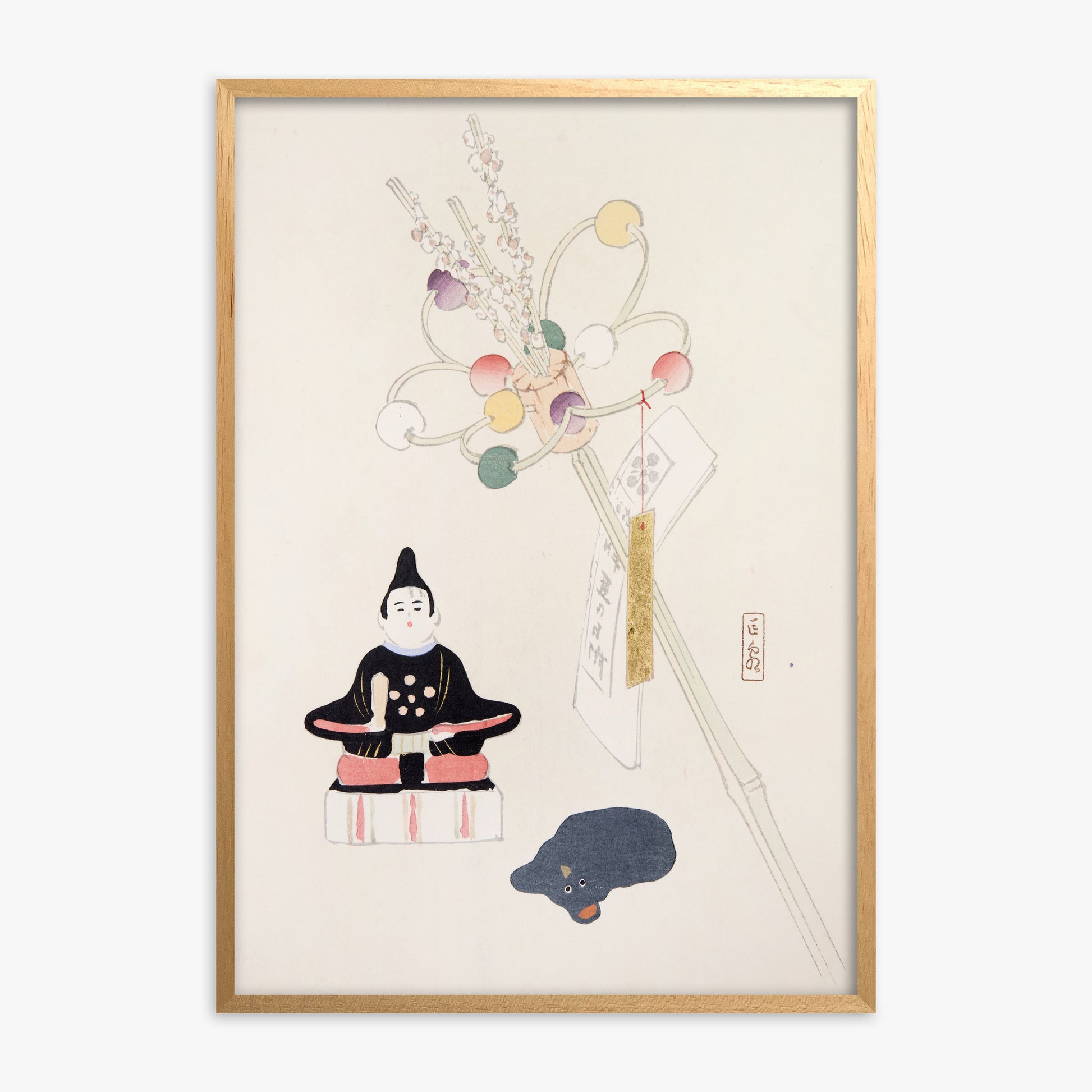 Kawasaki Kyosen: Kyosen’s Collected Illustrations of Japanese Toys Nr. 57 ("Serene Dolls Festival"), Oak Framed Art Reproduction With Oak Frame