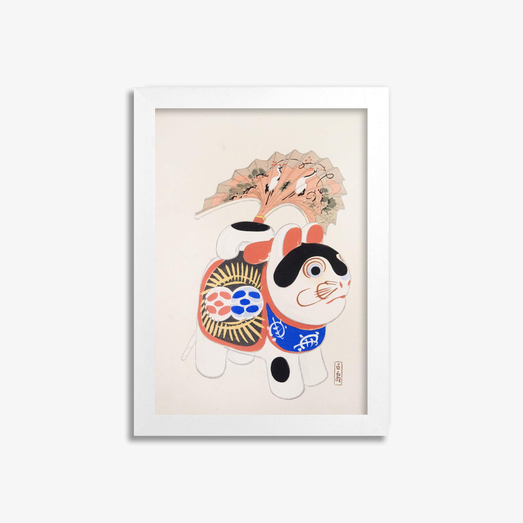 Kawasaki Kyosen: Kyosen’s Collected Illustrations of Japanese Toys Nr. 58 ("Lucky Guardian - Vintage Charm"), 21x30cm Framed Art Reproduction With White Frame