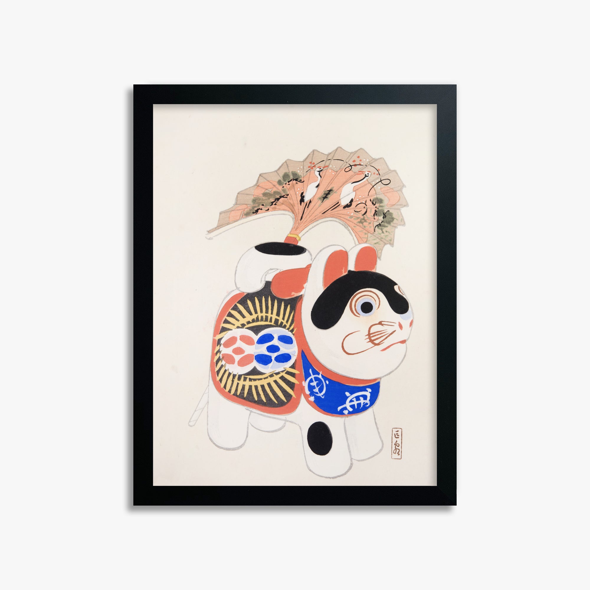 Kawasaki Kyosen: Kyosen’s Collected Illustrations of Japanese Toys Nr. 58 ("Lucky Guardian - Vintage Charm"), 30x40cm Framed Art Reproduction With Black Frame