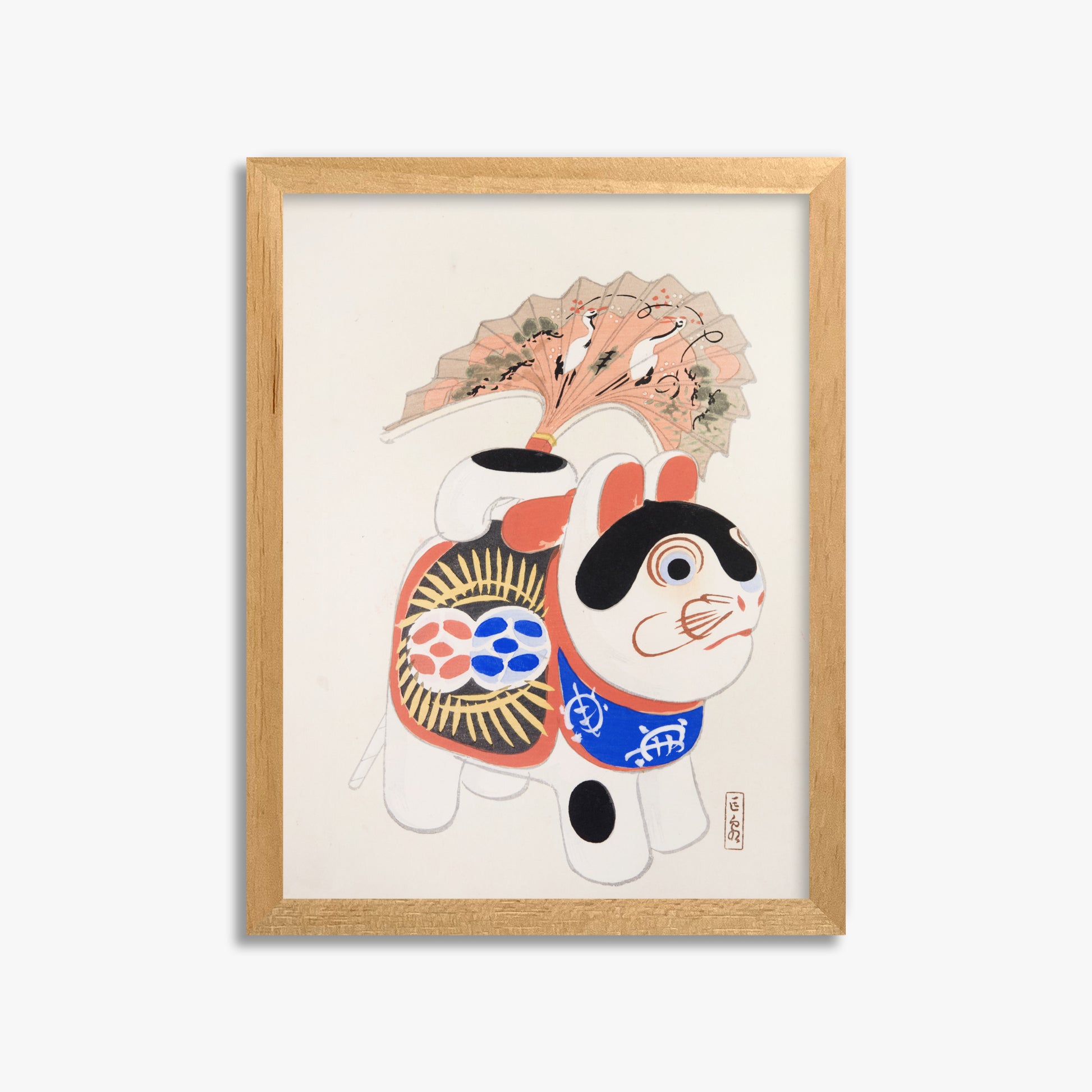 Kawasaki Kyosen: Kyosen’s Collected Illustrations of Japanese Toys Nr. 58 ("Lucky Guardian - Vintage Charm"), 30x40cm Framed Art Reproduction With Oak Frame
