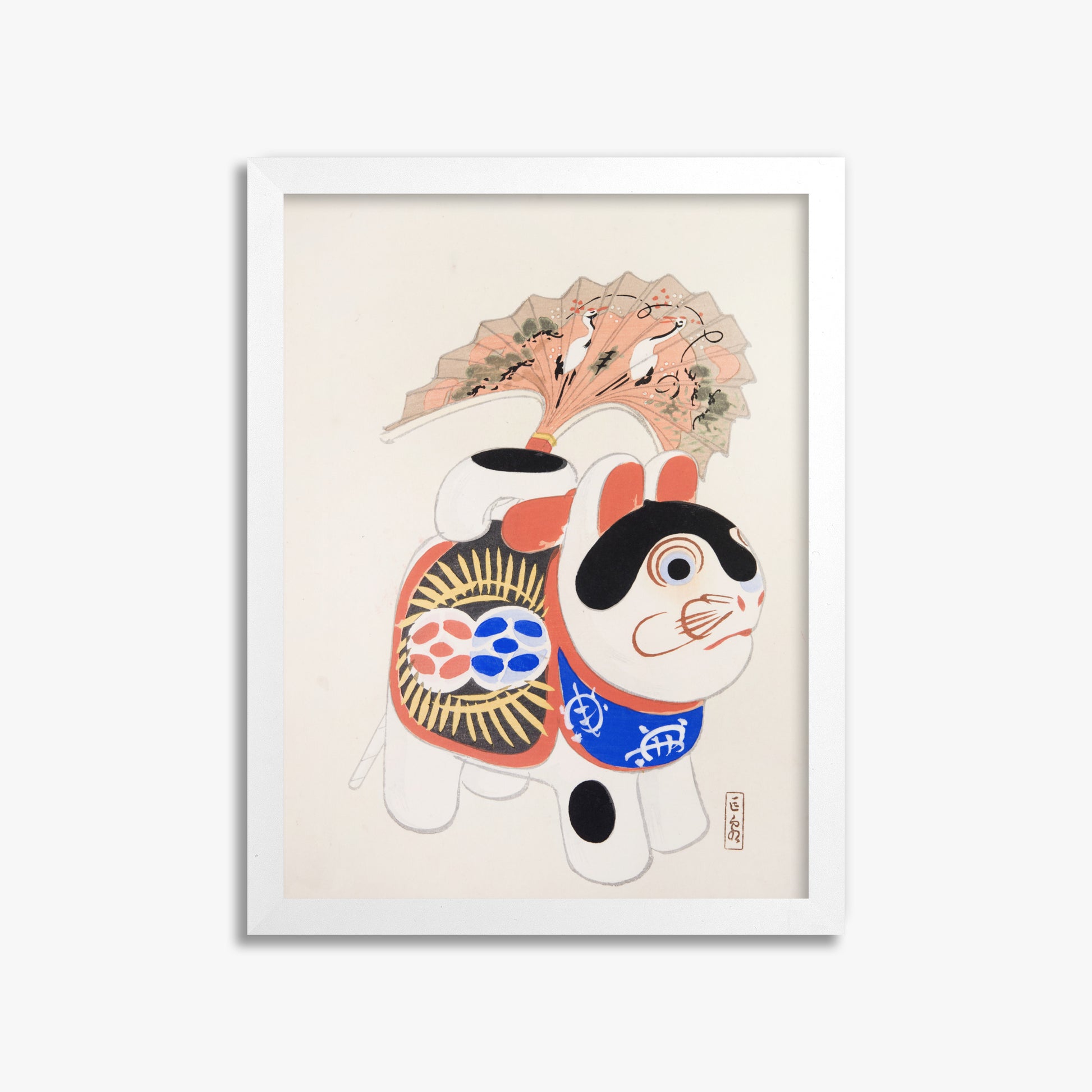 Kawasaki Kyosen: Kyosen’s Collected Illustrations of Japanese Toys Nr. 58 ("Lucky Guardian - Vintage Charm"), 30x40cm Framed Art Reproduction With White Frame