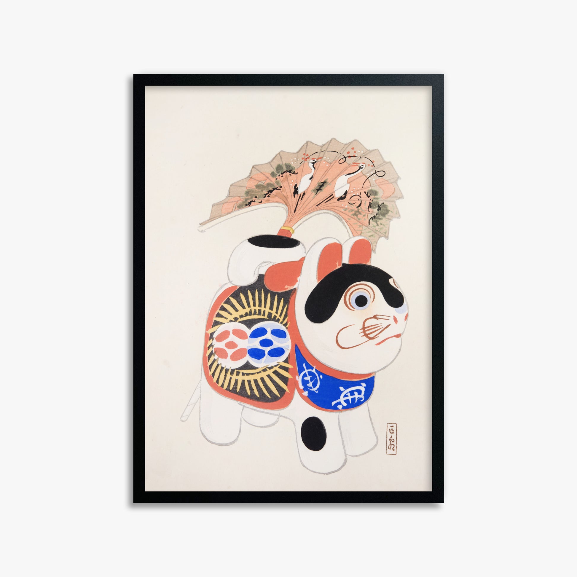 Kawasaki Kyosen: Kyosen’s Collected Illustrations of Japanese Toys Nr. 58 ("Lucky Guardian - Vintage Charm"), 50x70cm Framed Art Reproduction With Black Frame