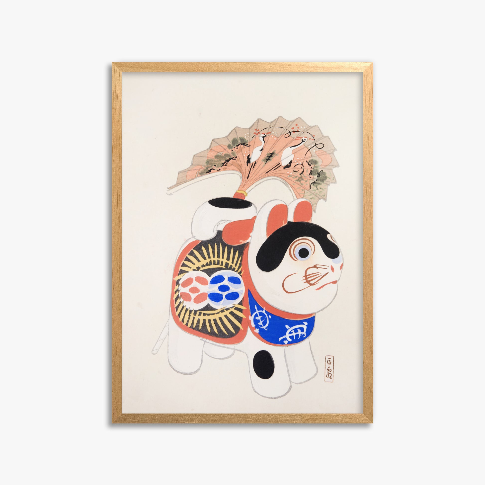 Kawasaki Kyosen: Kyosen’s Collected Illustrations of Japanese Toys Nr. 58 ("Lucky Guardian - Vintage Charm"), 50x70cm Framed Art Reproduction With Oak Frame