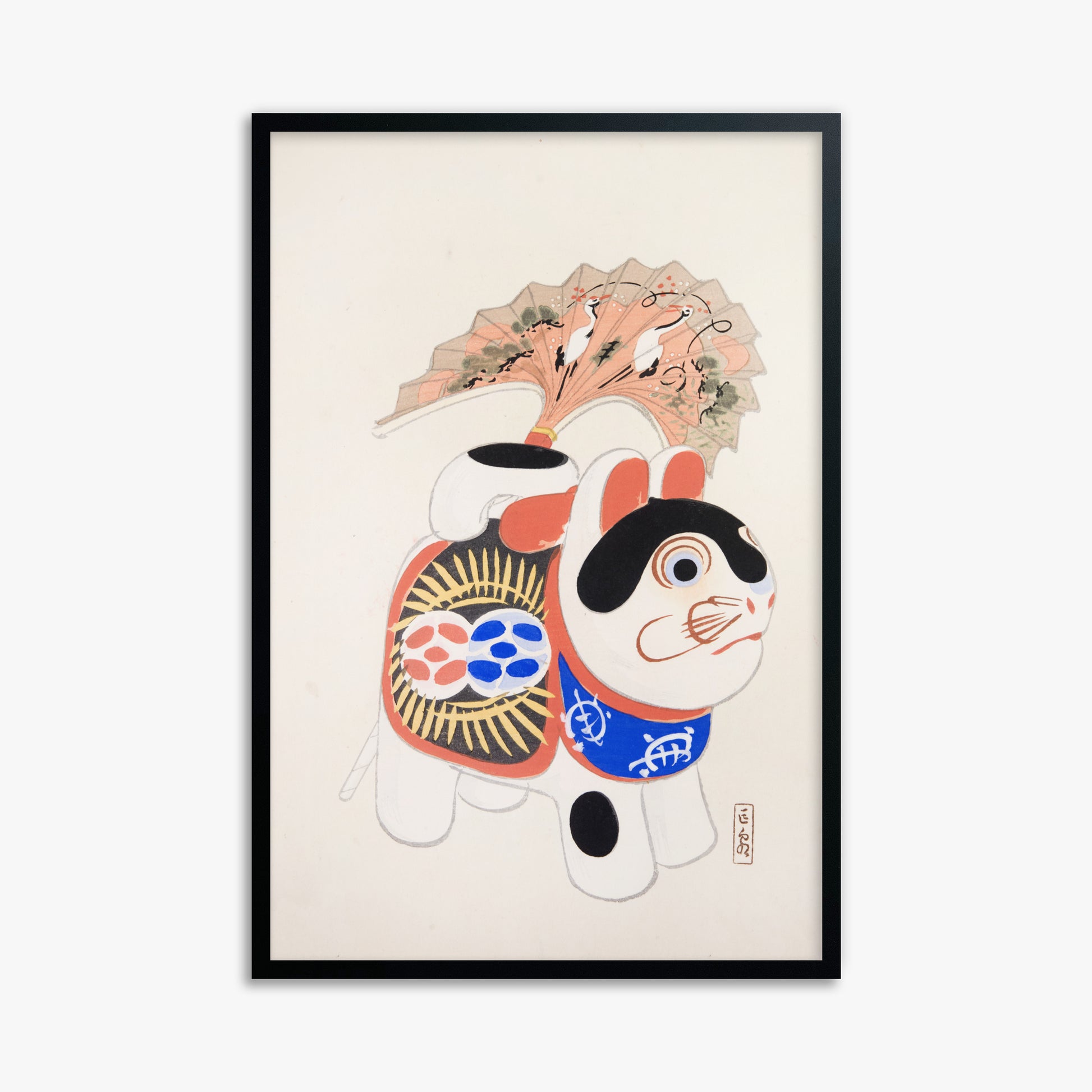 Kawasaki Kyosen: Kyosen’s Collected Illustrations of Japanese Toys Nr. 58 ("Lucky Guardian - Vintage Charm"), 61x91cm Framed Art Reproduction With Black Frame