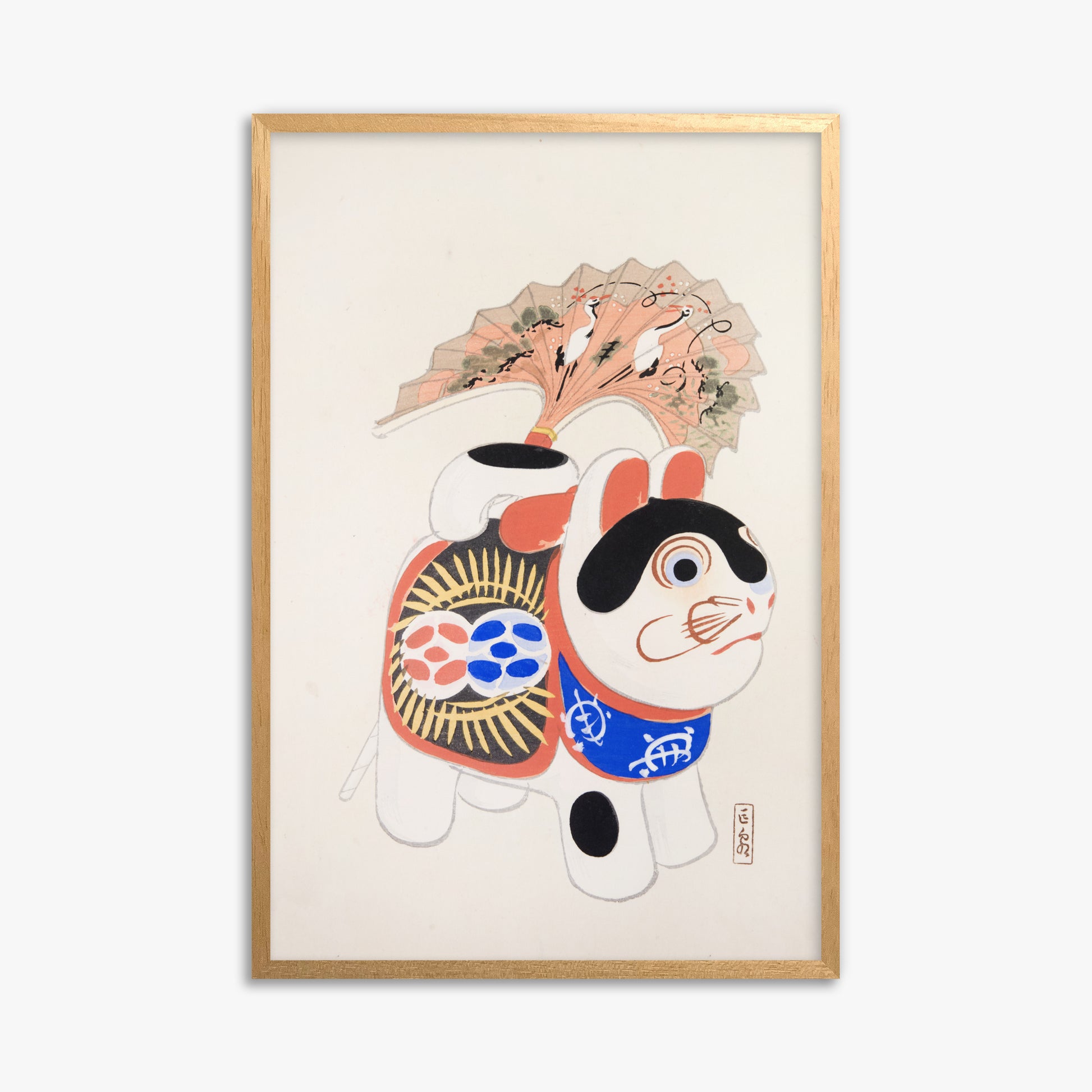 Kawasaki Kyosen: Kyosen’s Collected Illustrations of Japanese Toys Nr. 58 ("Lucky Guardian - Vintage Charm"), 61x91cm Framed Art Reproduction With Oak Frame