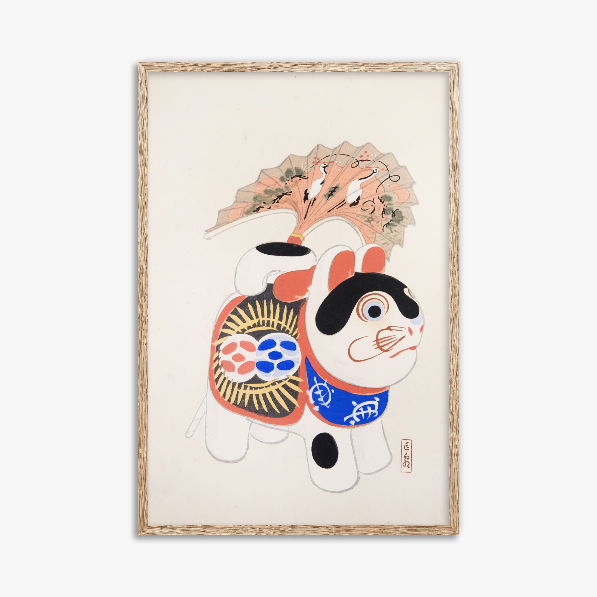 Kawasaki Kyosen: Kyosen’s Collected Illustrations of Japanese Toys Nr. 58 ("Lucky Guardian - Vintage Charm"), 61x91cm Framed Art Reproduction With Raw Oak Frame
