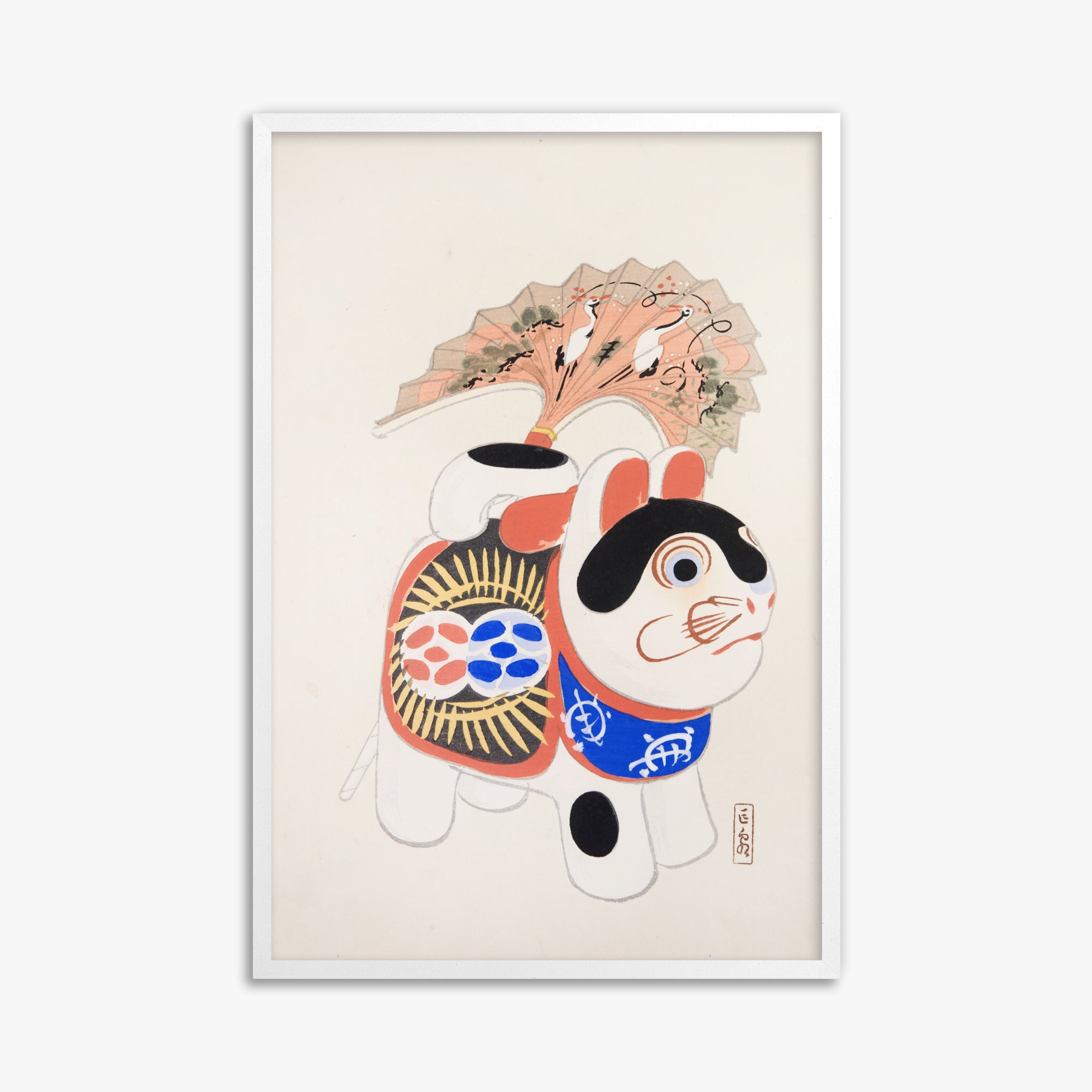 Kawasaki Kyosen: Kyosen’s Collected Illustrations of Japanese Toys Nr. 58 ("Lucky Guardian - Vintage Charm"), 61x91cm Framed Art Reproduction With White Frame