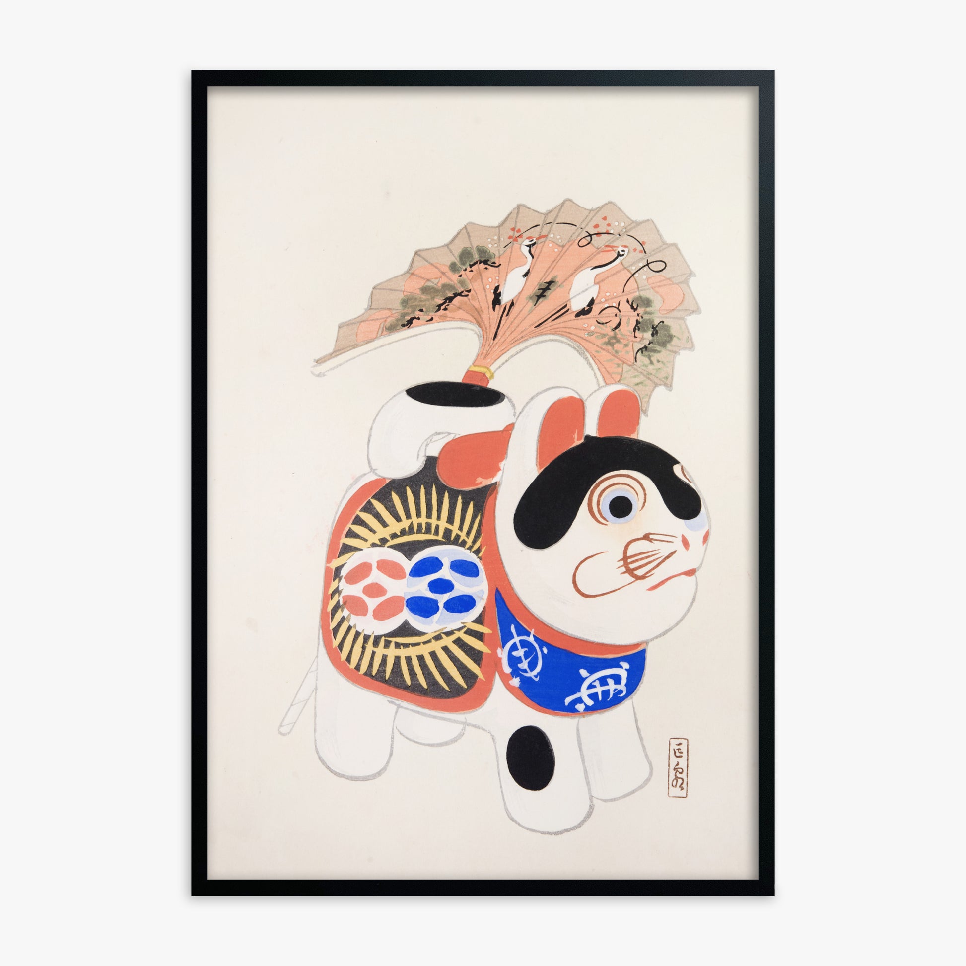Kawasaki Kyosen: Kyosen’s Collected Illustrations of Japanese Toys Nr. 58 ("Lucky Guardian - Vintage Charm"), Black Framed Art Reproduction With Black Frame