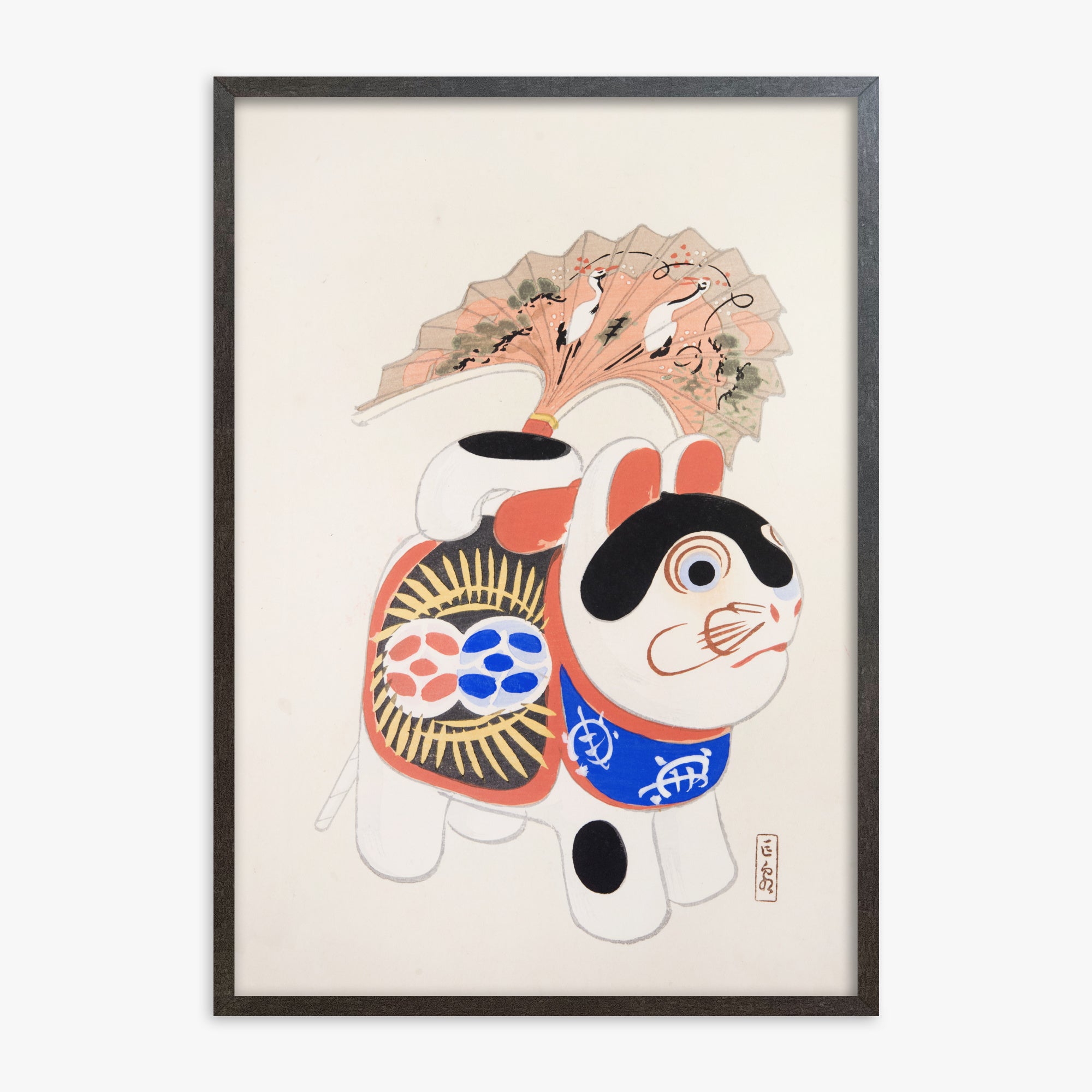 Kawasaki Kyosen: Kyosen’s Collected Illustrations of Japanese Toys Nr. 58 ("Lucky Guardian - Vintage Charm"), 70x100cm Framed Art Reproduction With Espresso Frame
