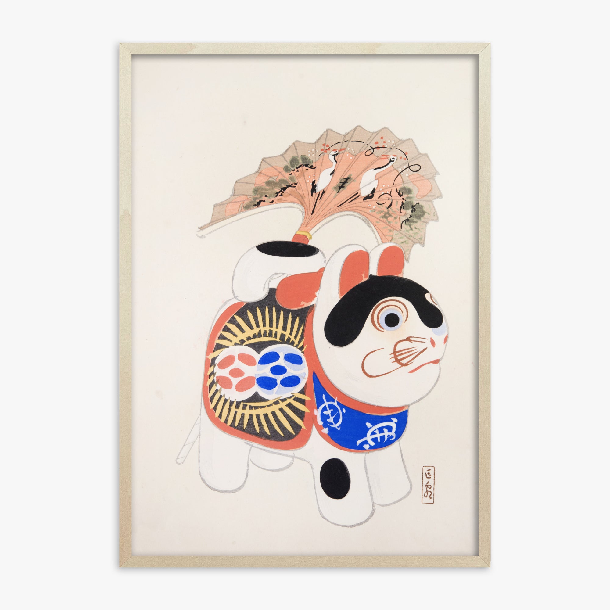 Kawasaki Kyosen: Kyosen’s Collected Illustrations of Japanese Toys Nr. 58 ("Lucky Guardian - Vintage Charm"), 70x100cm Framed Art Reproduction With Lime Wood Frame