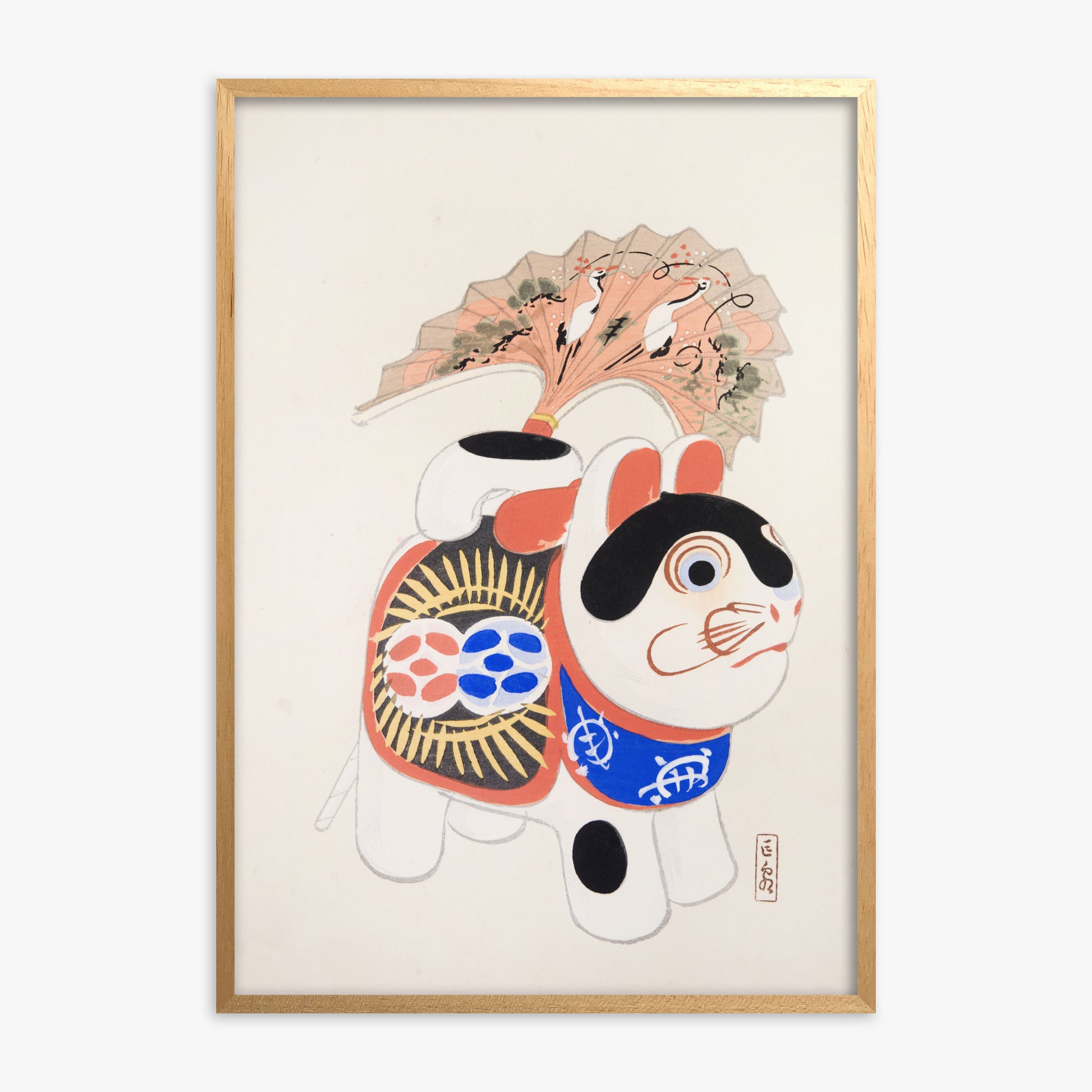 Kawasaki Kyosen: Kyosen’s Collected Illustrations of Japanese Toys Nr. 58 ("Lucky Guardian - Vintage Charm"), Oak Framed Art Reproduction With Oak Frame