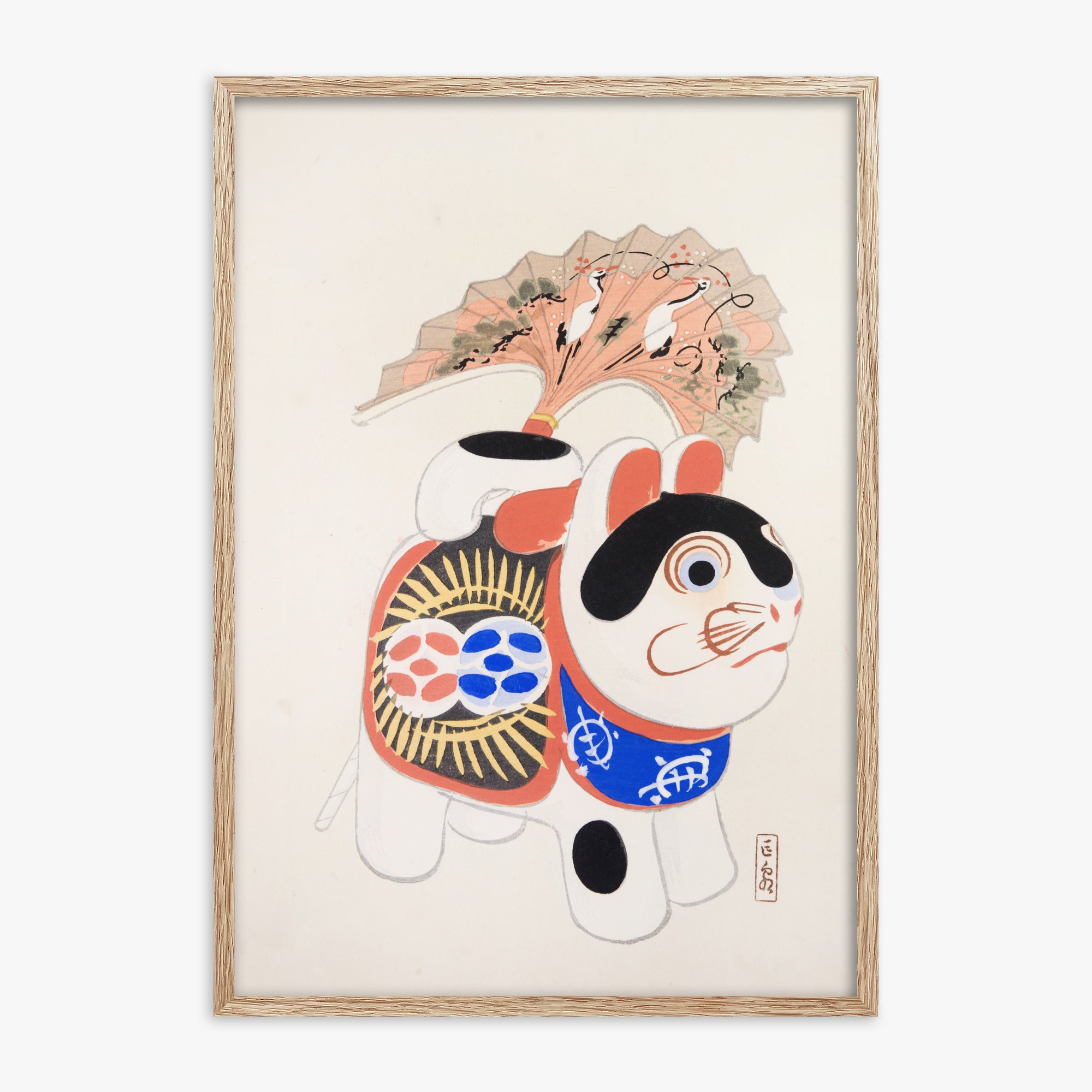 Kawasaki Kyosen: Kyosen’s Collected Illustrations of Japanese Toys Nr. 58 ("Lucky Guardian - Vintage Charm"), 70x100cm Framed Art Reproduction With Raw Oak Frame