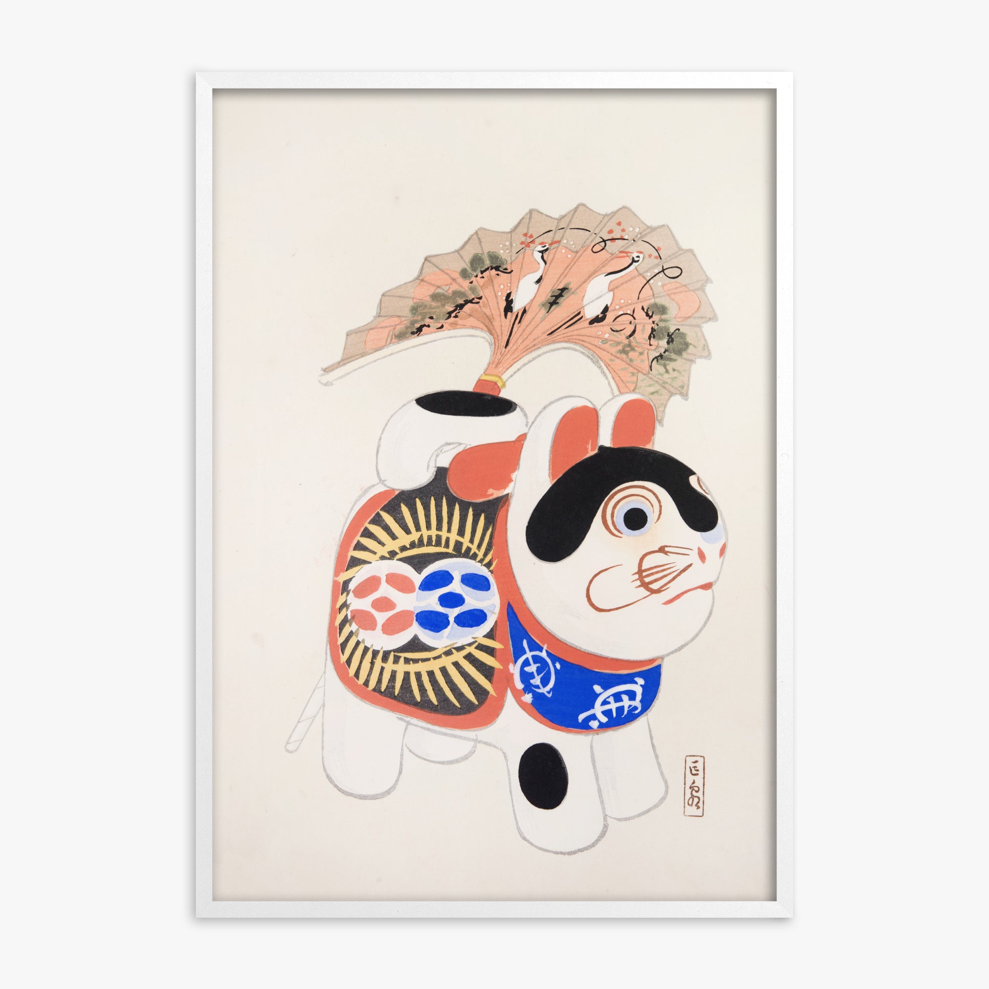 Kawasaki Kyosen: Kyosen’s Collected Illustrations of Japanese Toys Nr. 58 ("Lucky Guardian - Vintage Charm"), White Framed Art Reproduction With White Frame