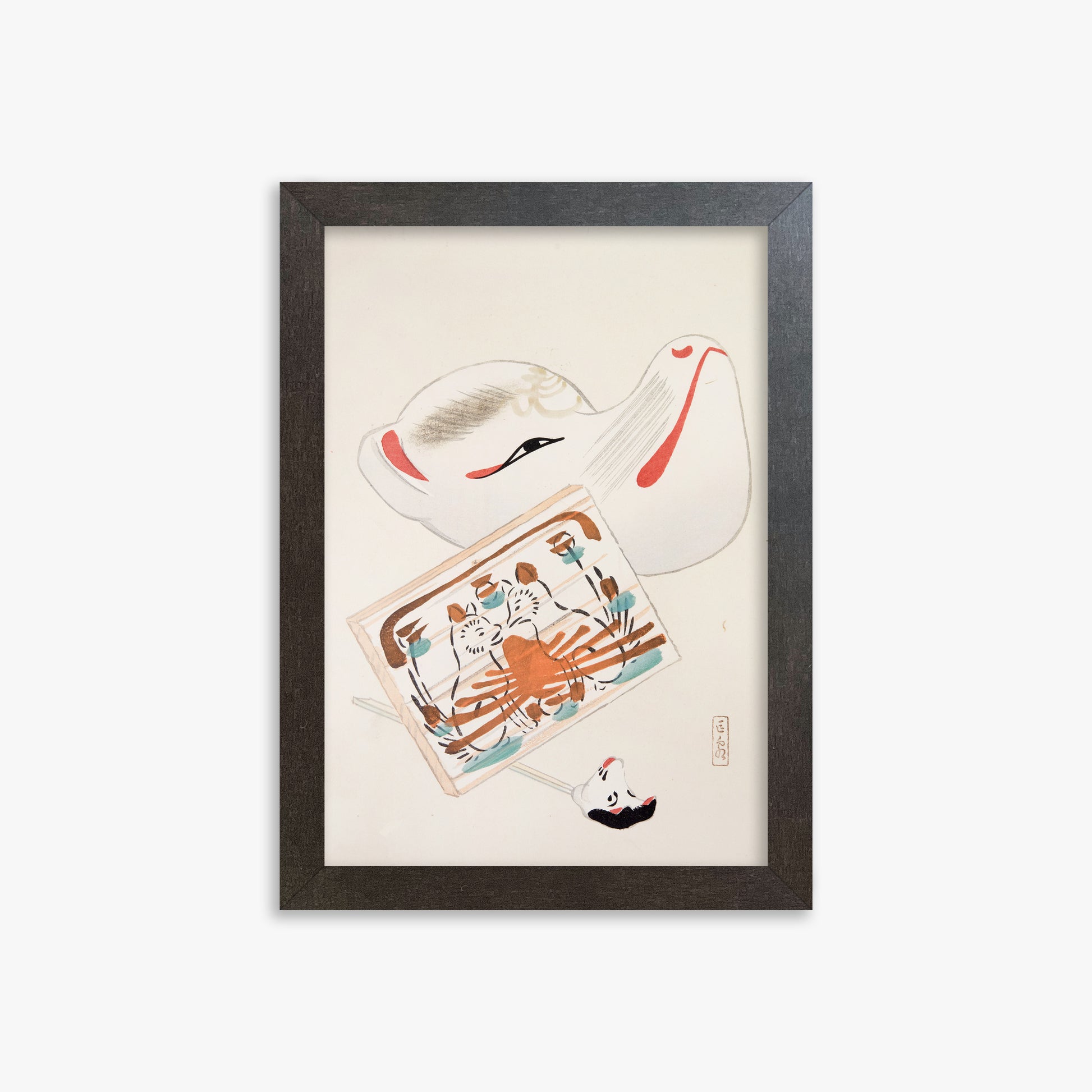 Kawasaki Kyosen: Kyosen’s Collected Illustrations of Japanese Toys Nr. 59 ("Serene Eastern Tranquility"), 21x30cm Framed Art Reproduction With Espresso Frame