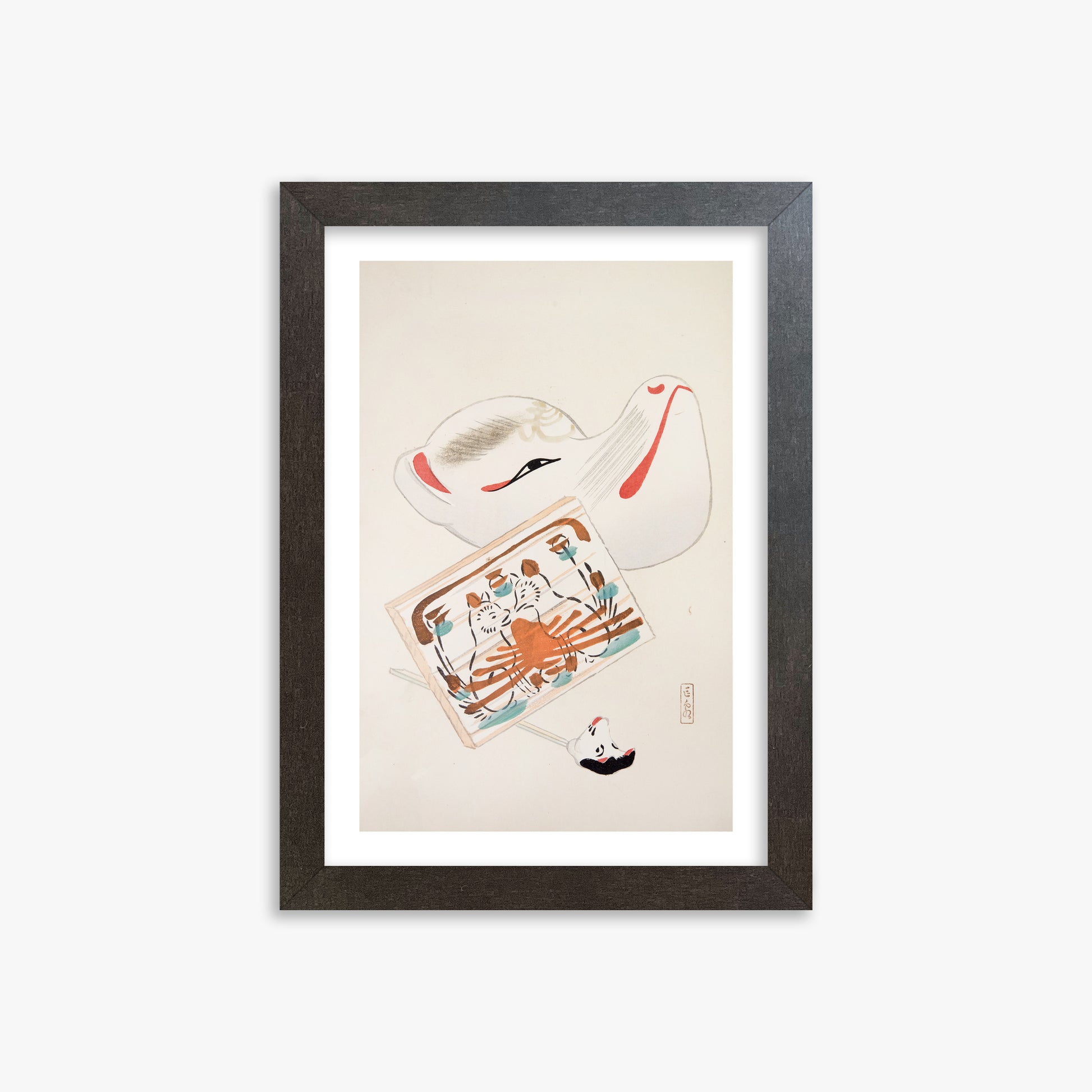 Kawasaki Kyosen: Kyosen’s Collected Illustrations of Japanese Toys Nr. 59 ("Serene Eastern Tranquility"), 21x30cm Framed Art Reproduction With Espresso Frame