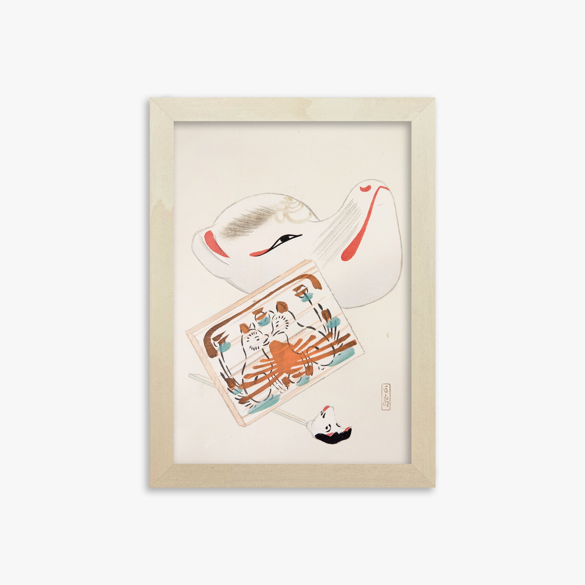 Kawasaki Kyosen: Kyosen’s Collected Illustrations of Japanese Toys Nr. 59 ("Serene Eastern Tranquility"), 21x30cm Framed Art Reproduction With Lime Wood Frame