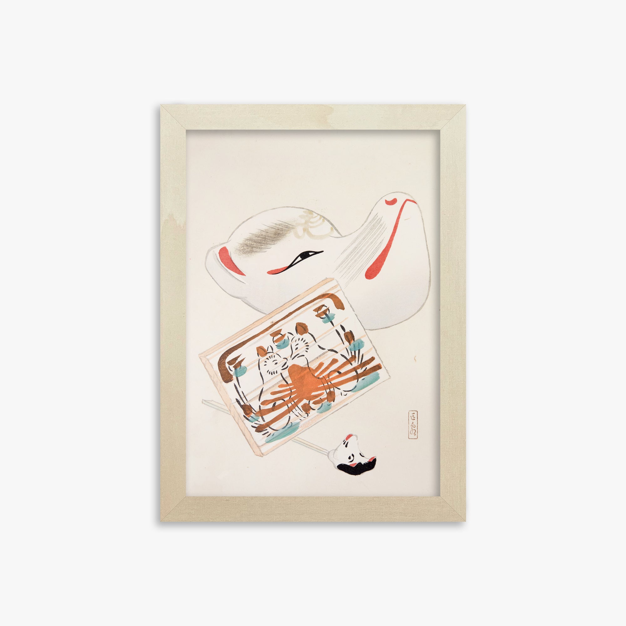 Kawasaki Kyosen: Kyosen’s Collected Illustrations of Japanese Toys Nr. 59 ("Serene Eastern Tranquility"), 21x30cm Framed Art Reproduction With Lime Wood Frame