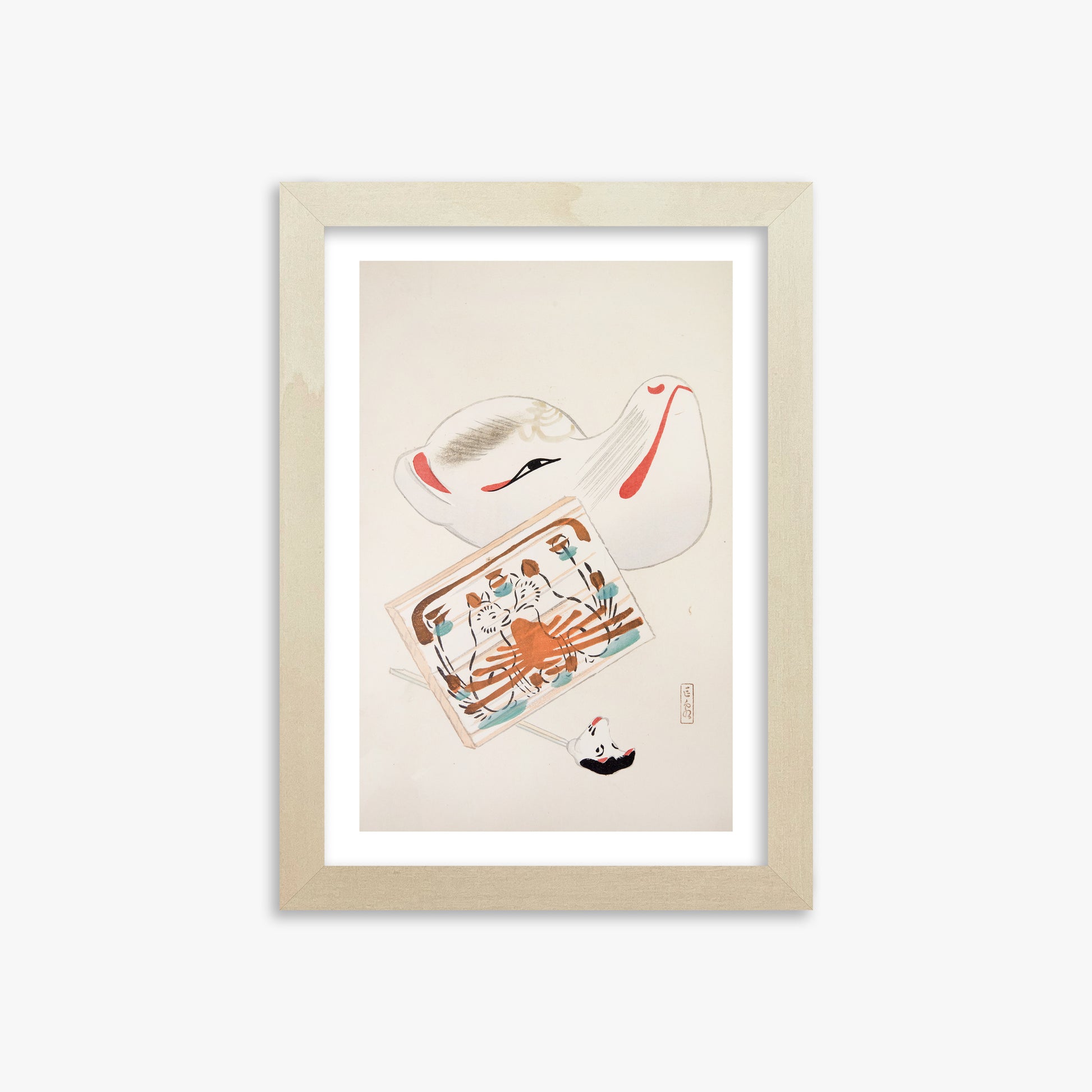 Kawasaki Kyosen: Kyosen’s Collected Illustrations of Japanese Toys Nr. 59 ("Serene Eastern Tranquility"), 21x30cm Framed Art Reproduction With Lime Wood Frame