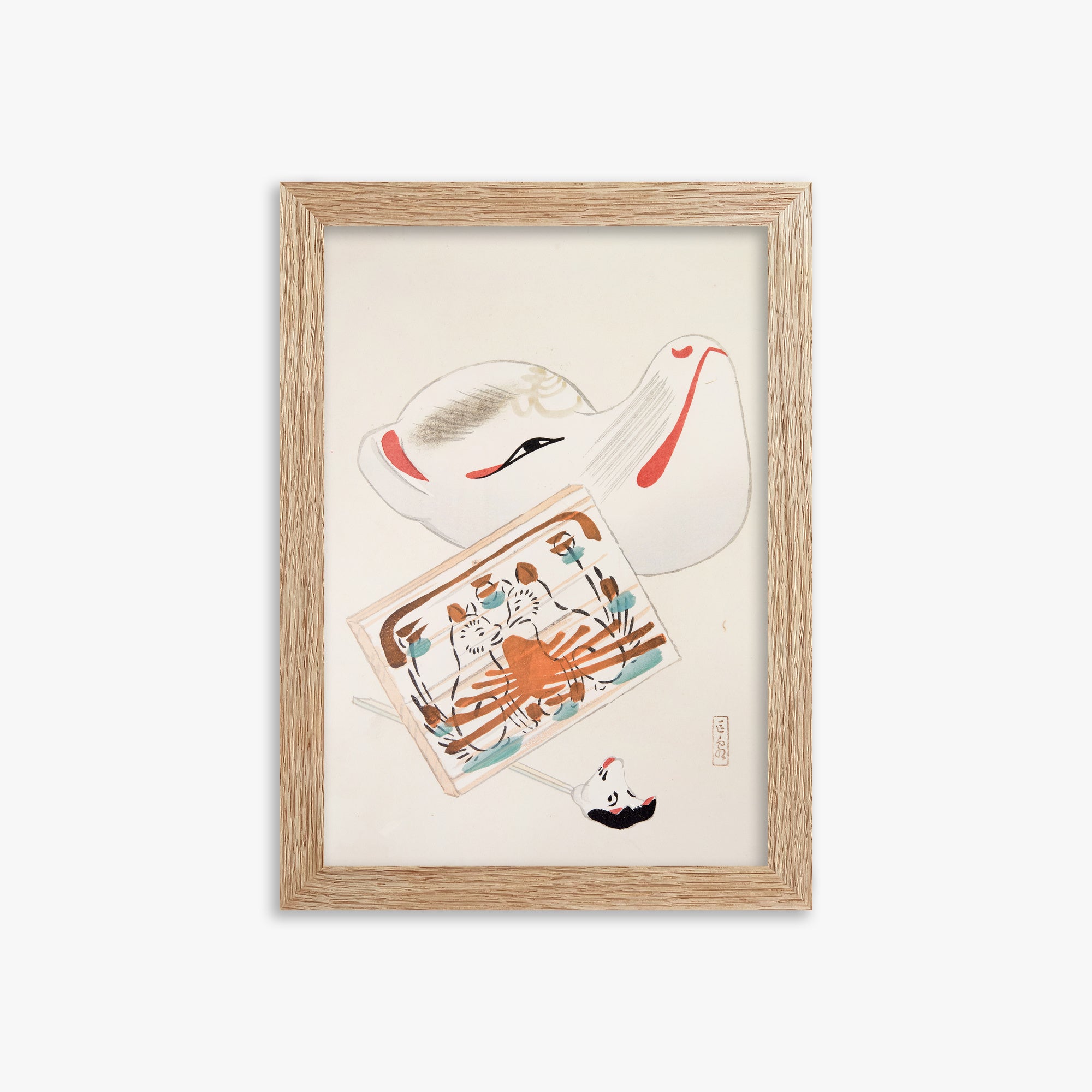 Kawasaki Kyosen: Kyosen’s Collected Illustrations of Japanese Toys Nr. 59 ("Serene Eastern Tranquility"), 21x30cm Framed Art Reproduction With Raw Oak Frame