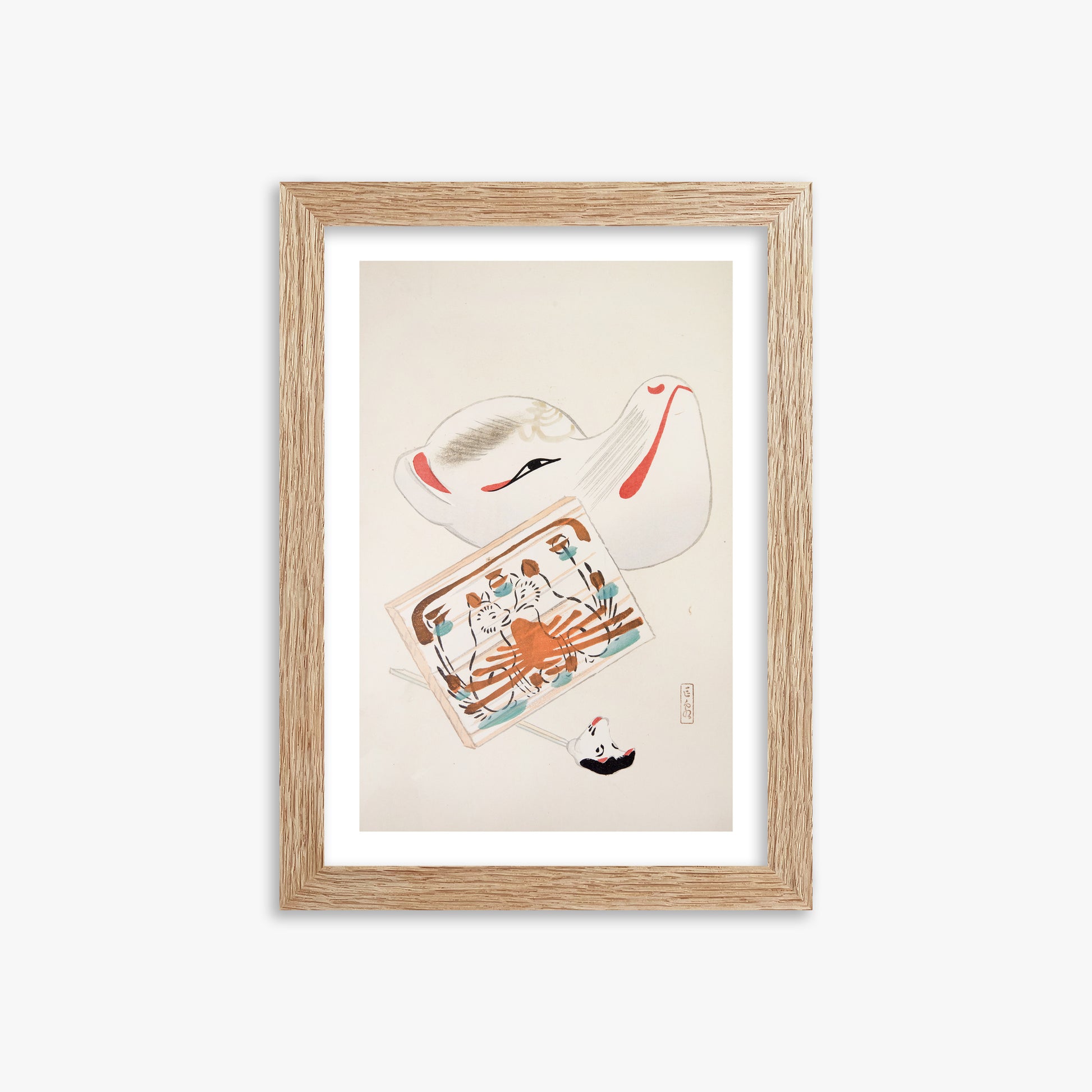 Kawasaki Kyosen: Kyosen’s Collected Illustrations of Japanese Toys Nr. 59 ("Serene Eastern Tranquility"), 21x30cm Framed Art Reproduction With Raw Oak Frame