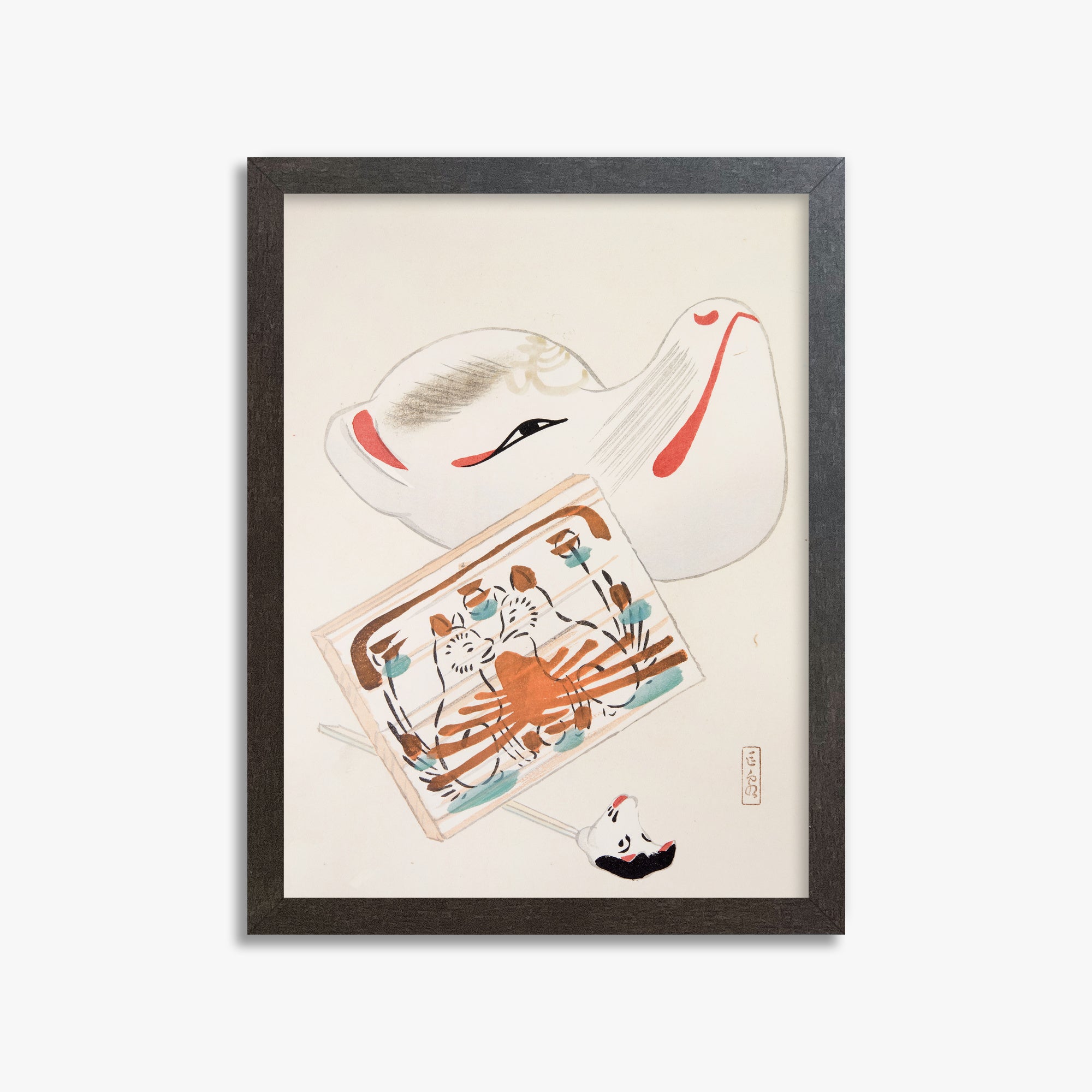 Kawasaki Kyosen: Kyosen’s Collected Illustrations of Japanese Toys Nr. 59 ("Serene Eastern Tranquility"), 30x40cm Framed Art Reproduction With Espresso Frame