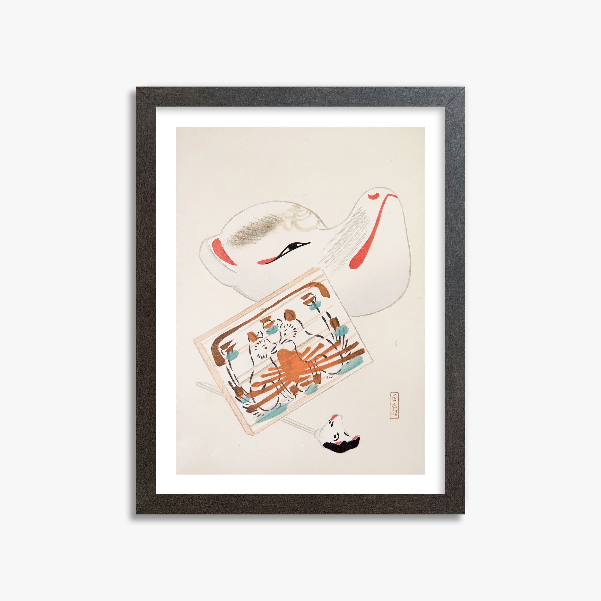 Kawasaki Kyosen: Kyosen’s Collected Illustrations of Japanese Toys Nr. 59 ("Serene Eastern Tranquility"), 30x40cm Framed Art Reproduction With Espresso Frame