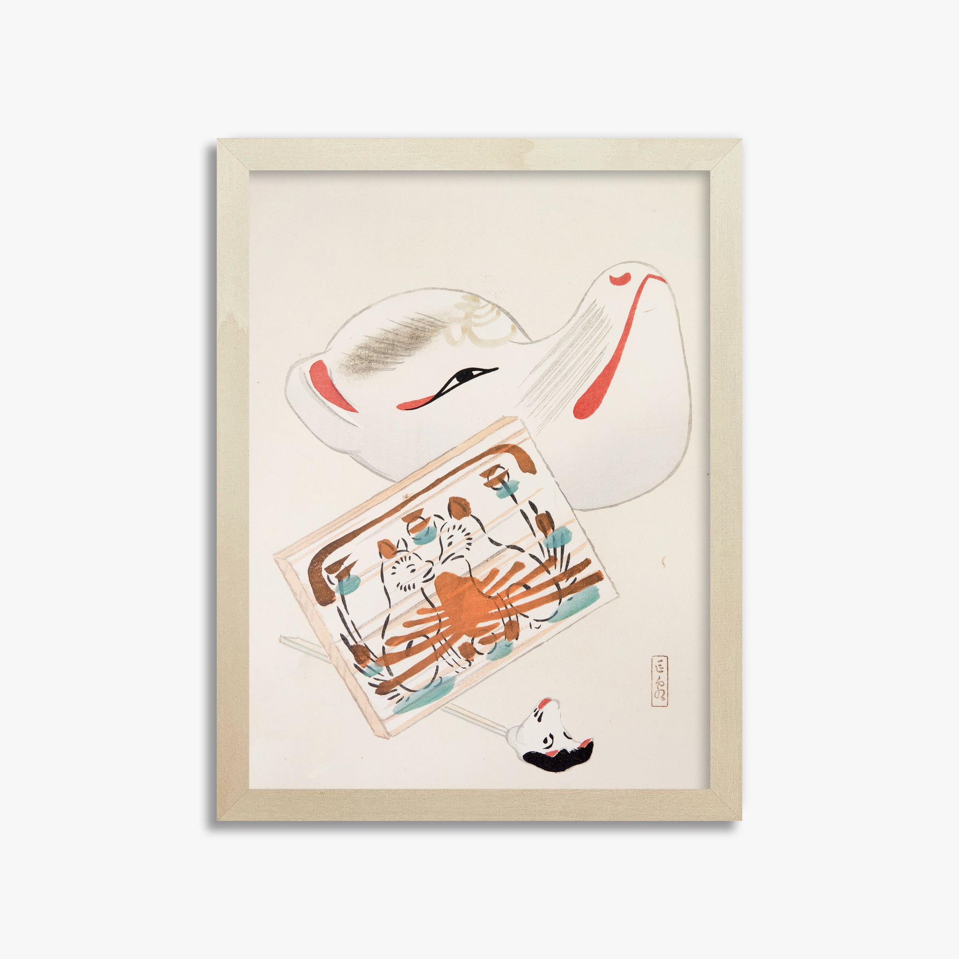 Kawasaki Kyosen: Kyosen’s Collected Illustrations of Japanese Toys Nr. 59 ("Serene Eastern Tranquility"), 30x40cm Framed Art Reproduction With Lime Wood Frame