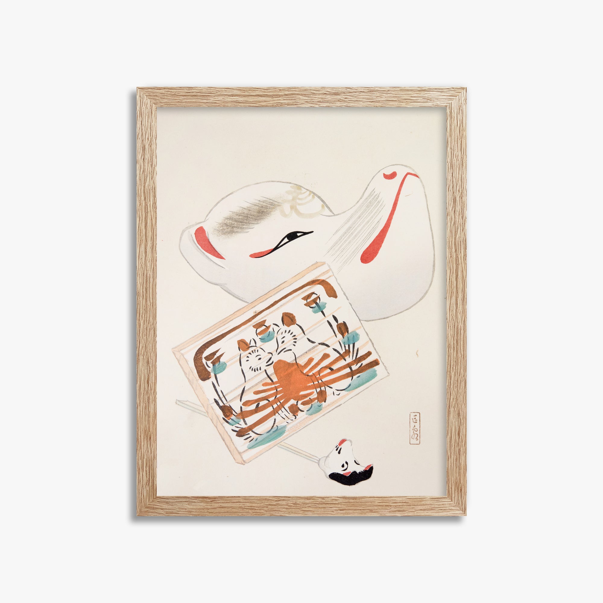 Kawasaki Kyosen: Kyosen’s Collected Illustrations of Japanese Toys Nr. 59 ("Serene Eastern Tranquility"), 30x40cm Framed Art Reproduction With Raw Oak Frame