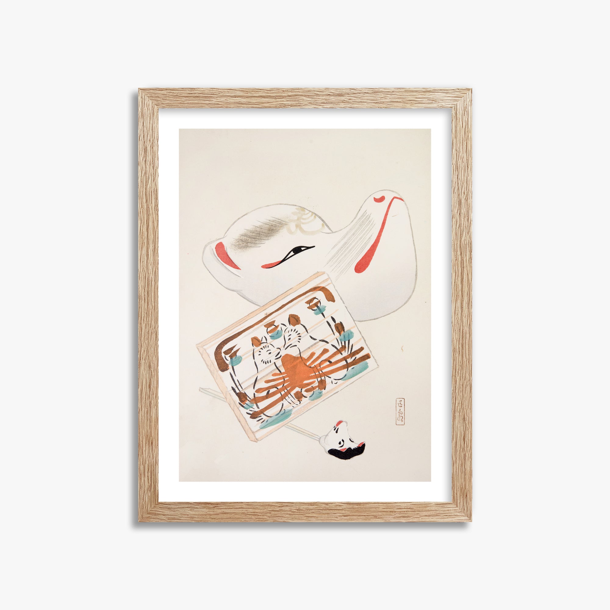 Kawasaki Kyosen: Kyosen’s Collected Illustrations of Japanese Toys Nr. 59 ("Serene Eastern Tranquility"), 30x40cm Framed Art Reproduction With Raw Oak Frame