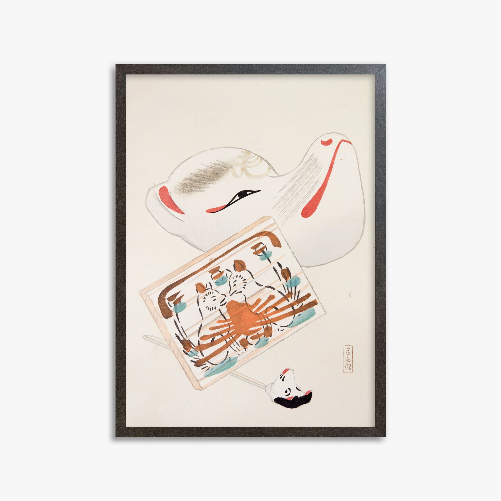 Kawasaki Kyosen: Kyosen’s Collected Illustrations of Japanese Toys Nr. 59 ("Serene Eastern Tranquility"), 50x70cm Framed Art Reproduction With Espresso Frame