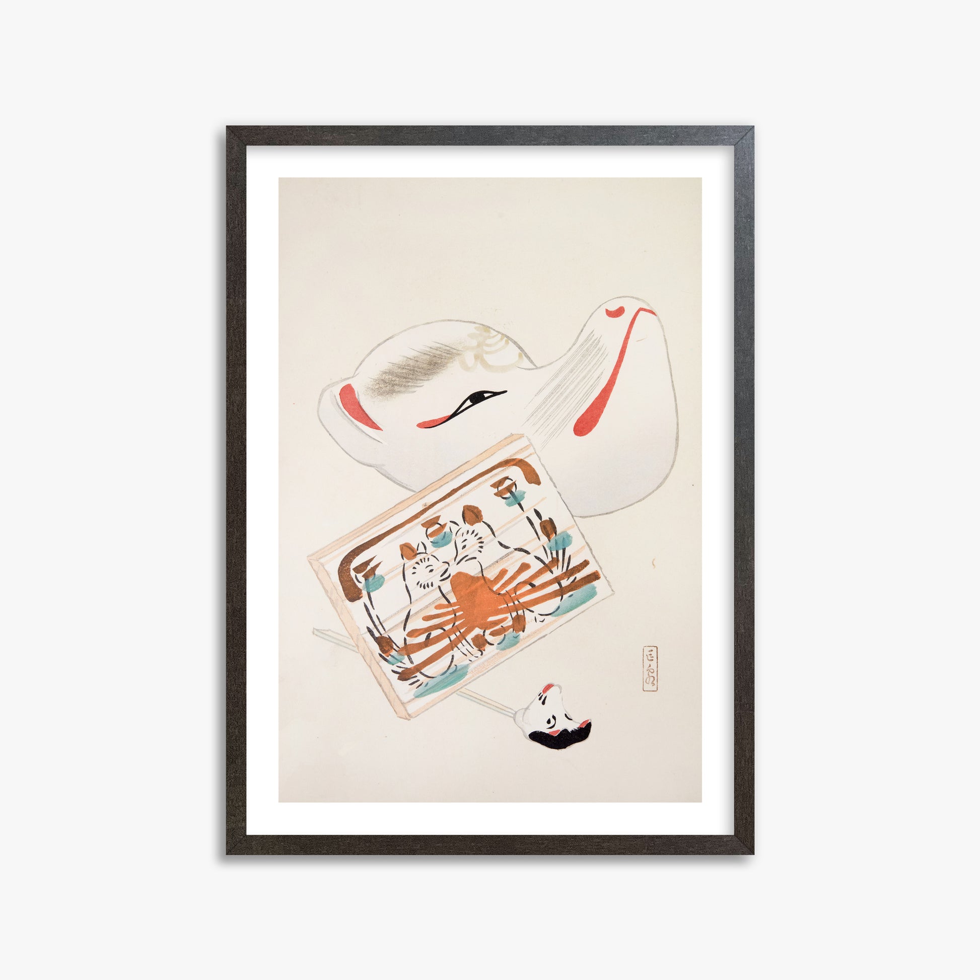 Kawasaki Kyosen: Kyosen’s Collected Illustrations of Japanese Toys Nr. 59 ("Serene Eastern Tranquility"), 50x70cm Framed Art Reproduction With Espresso Frame
