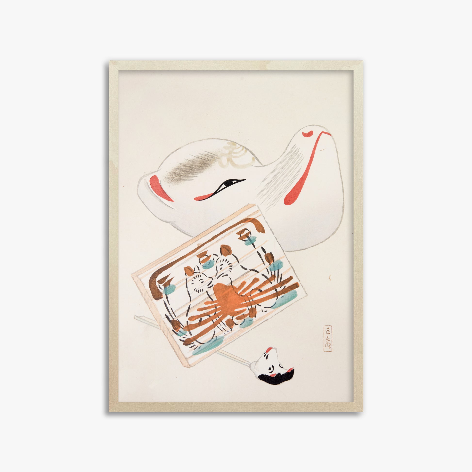 Kawasaki Kyosen: Kyosen’s Collected Illustrations of Japanese Toys Nr. 59 ("Serene Eastern Tranquility"), 50x70cm Framed Art Reproduction With Lime Wood Frame
