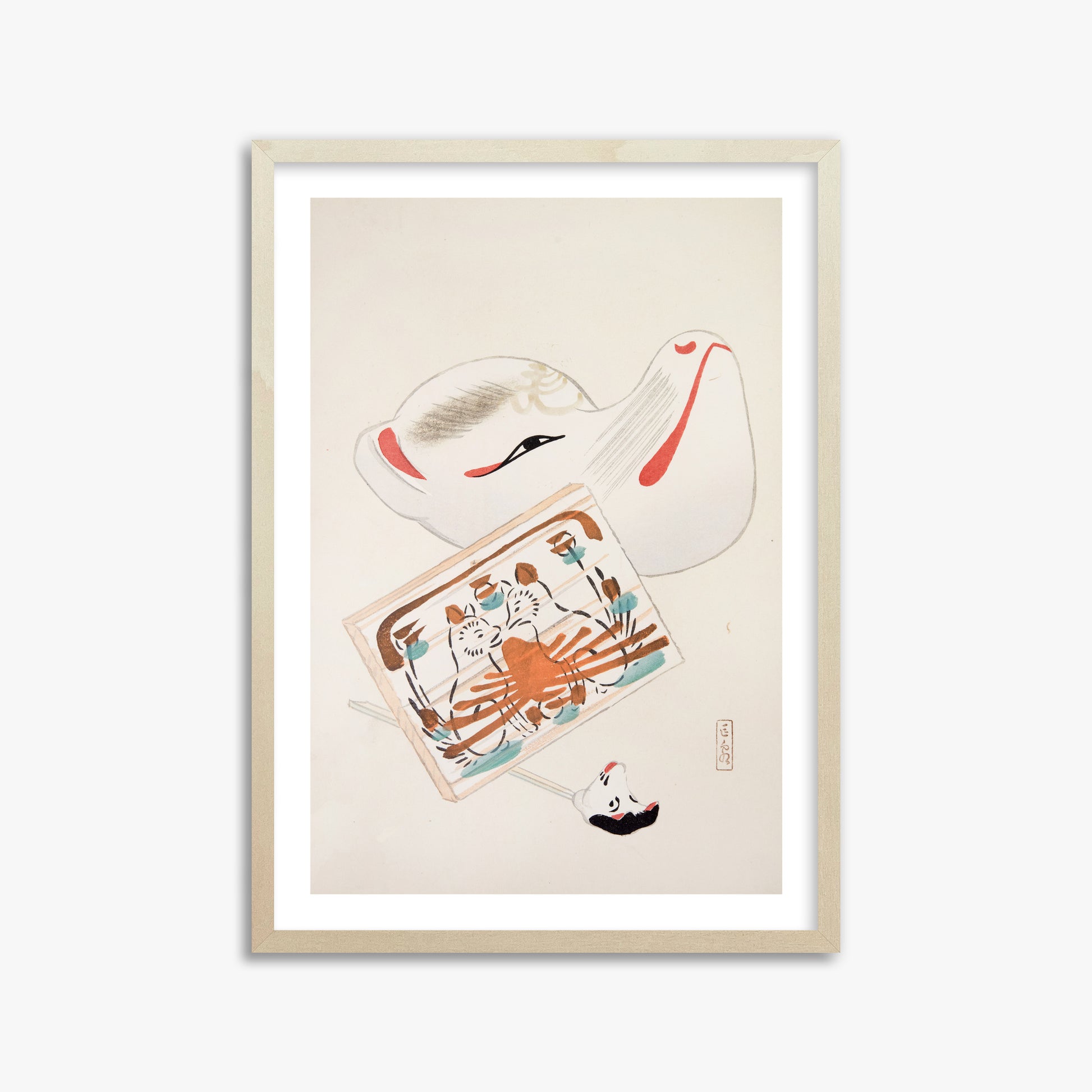 Kawasaki Kyosen: Kyosen’s Collected Illustrations of Japanese Toys Nr. 59 ("Serene Eastern Tranquility"), 50x70cm Framed Art Reproduction With Lime Wood Frame