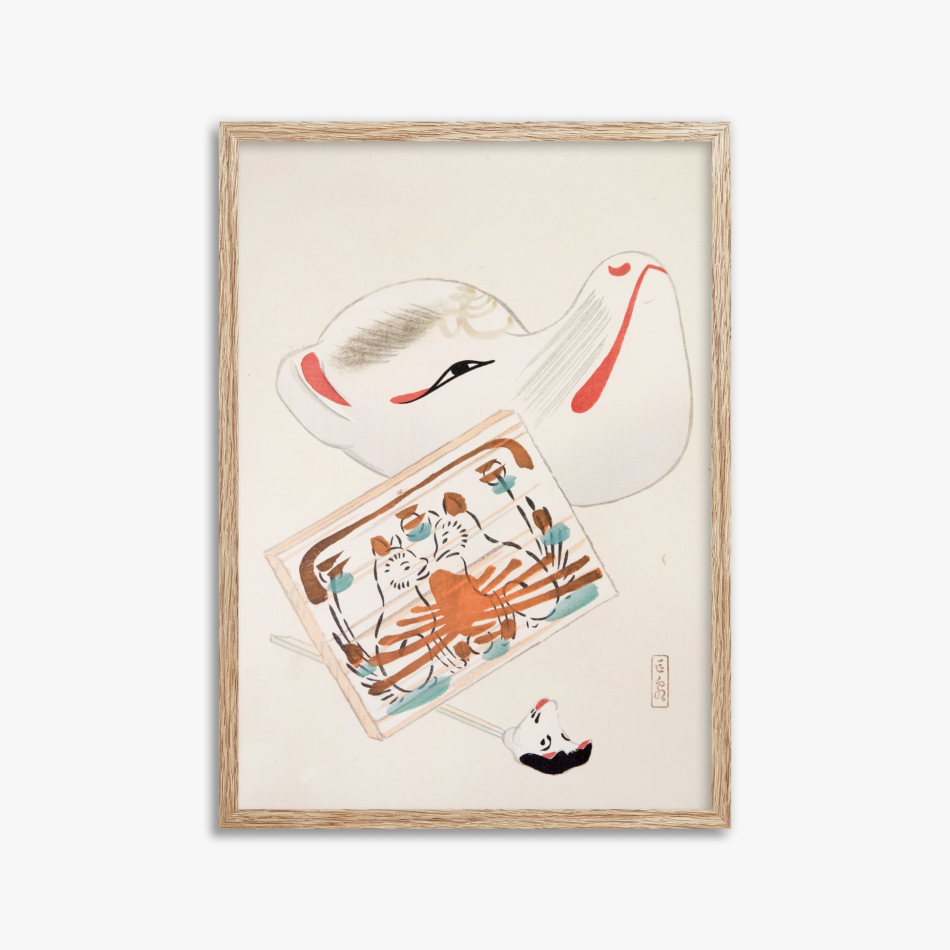 Kawasaki Kyosen: Kyosen’s Collected Illustrations of Japanese Toys Nr. 59 ("Serene Eastern Tranquility"), 50x70cm Framed Art Reproduction With Raw Oak Frame