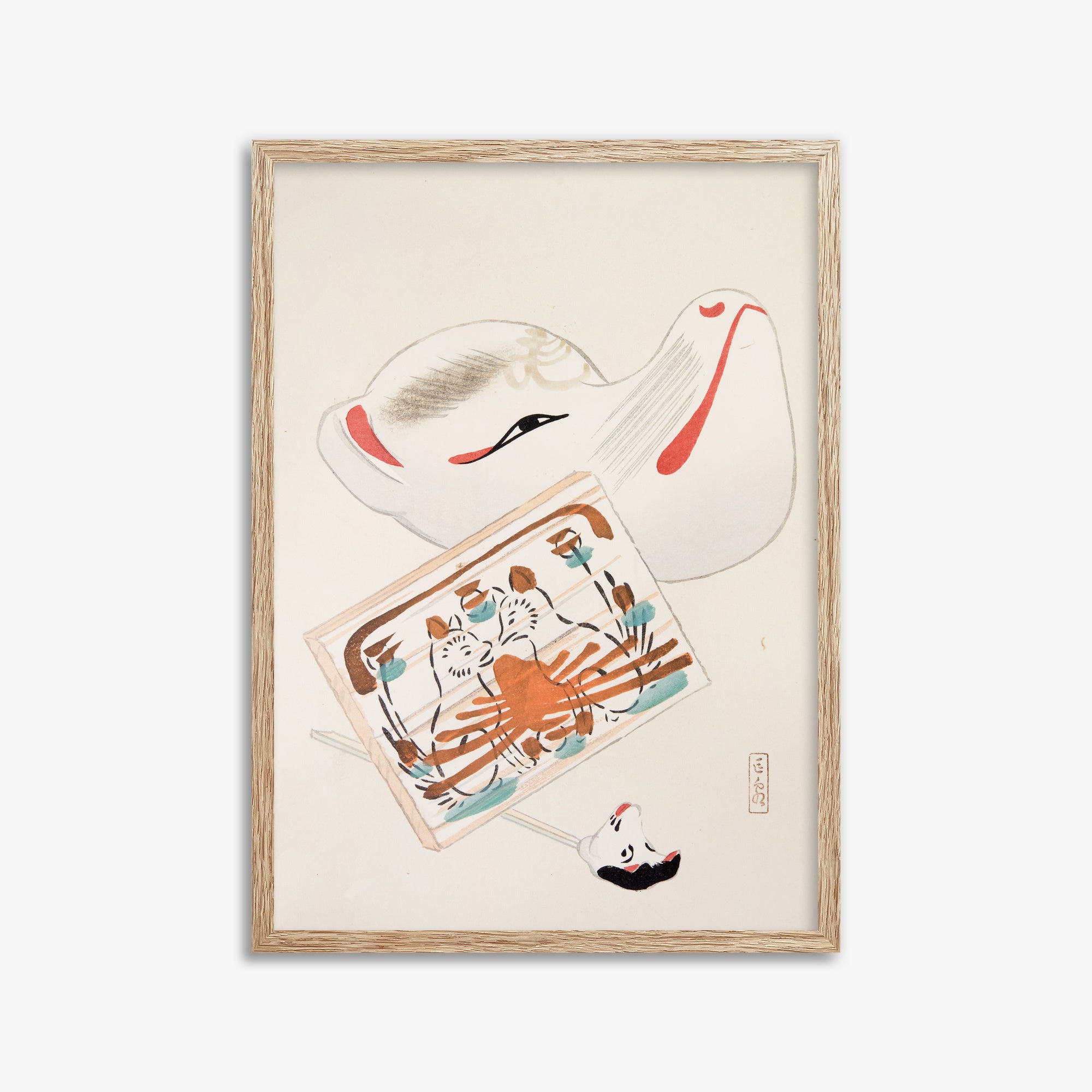 Kawasaki Kyosen: Kyosen’s Collected Illustrations of Japanese Toys Nr. 59 ("Serene Eastern Tranquility"), 50x70cm Framed Art Reproduction With Raw Oak Frame