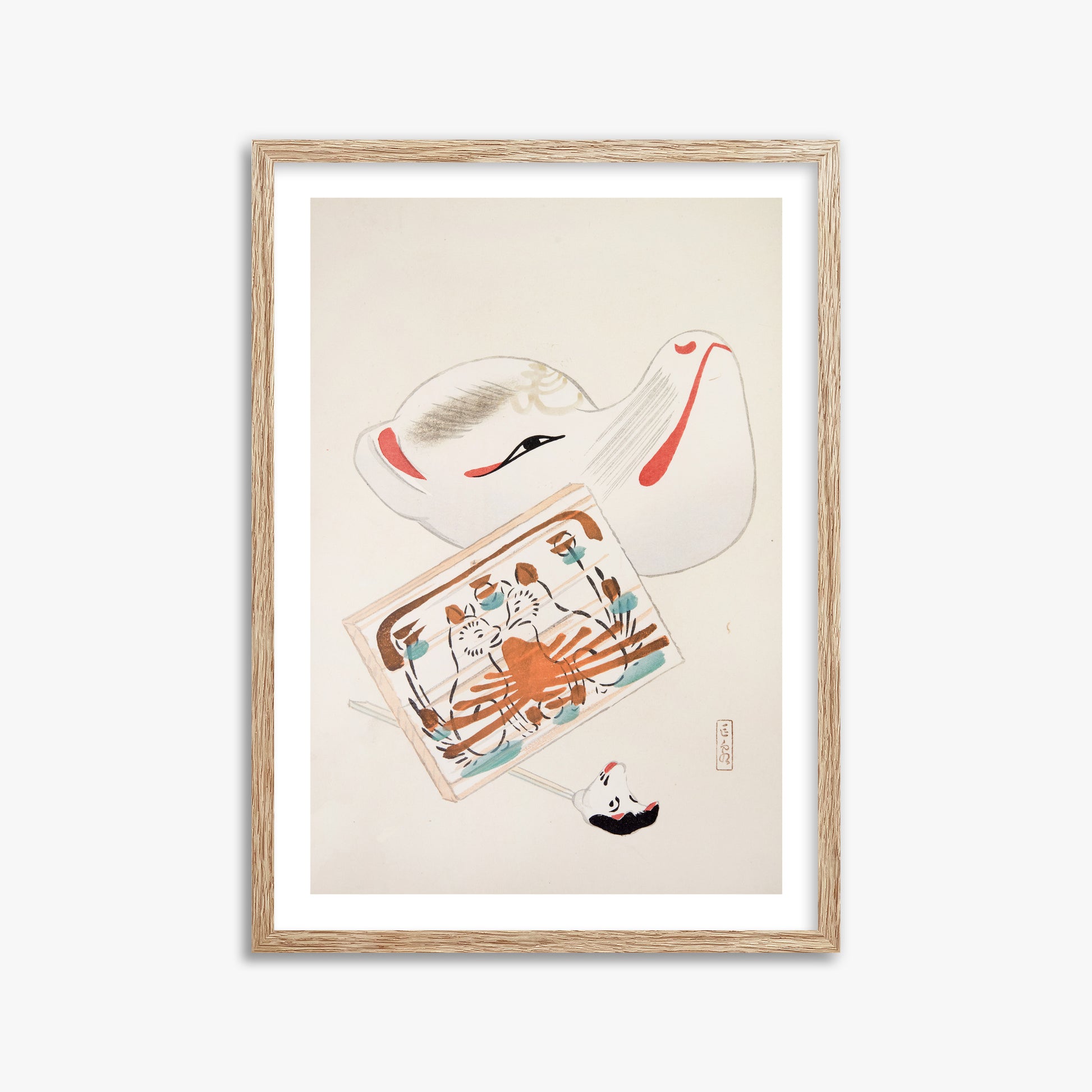 Kawasaki Kyosen: Kyosen’s Collected Illustrations of Japanese Toys Nr. 59 ("Serene Eastern Tranquility"), 50x70cm Framed Art Reproduction With Raw Oak Frame