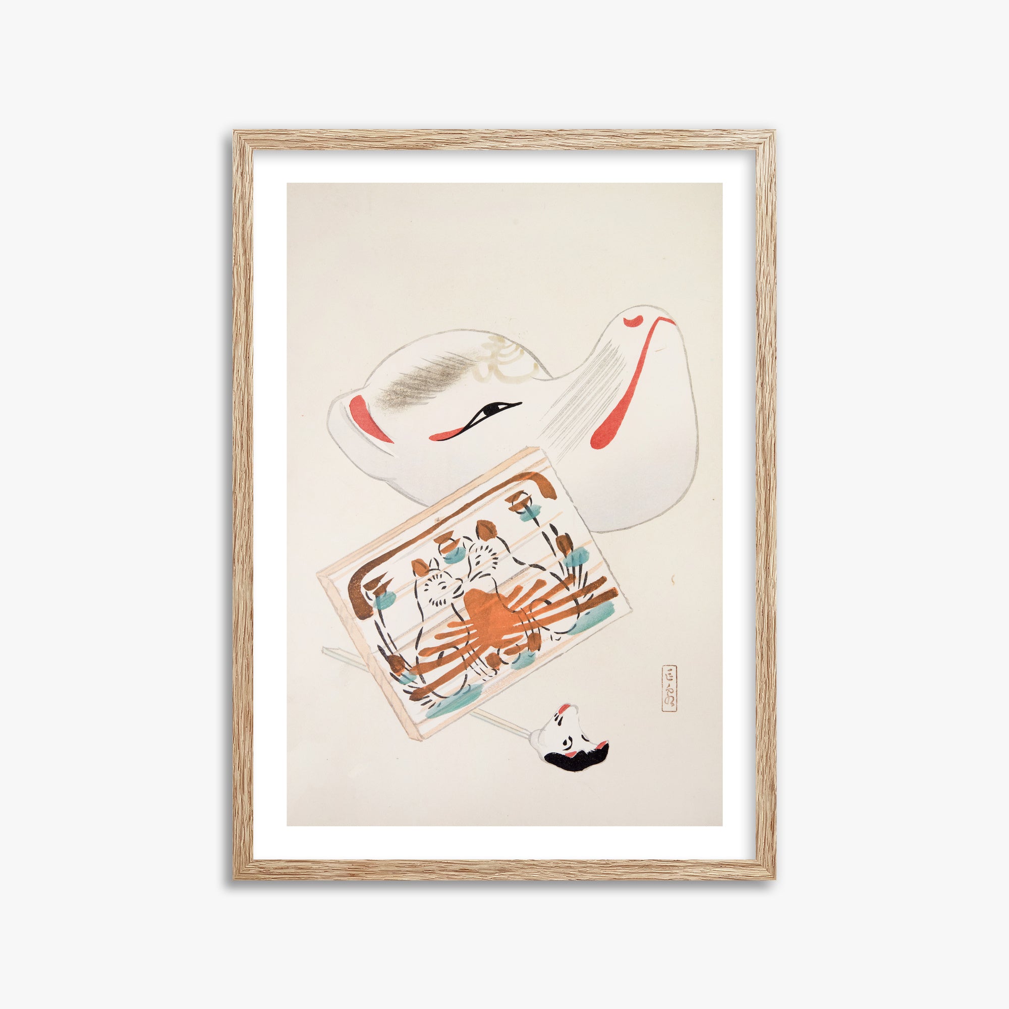 Kawasaki Kyosen: Kyosen’s Collected Illustrations of Japanese Toys Nr. 59 ("Serene Eastern Tranquility"), 50x70cm Framed Art Reproduction With Raw Oak Frame