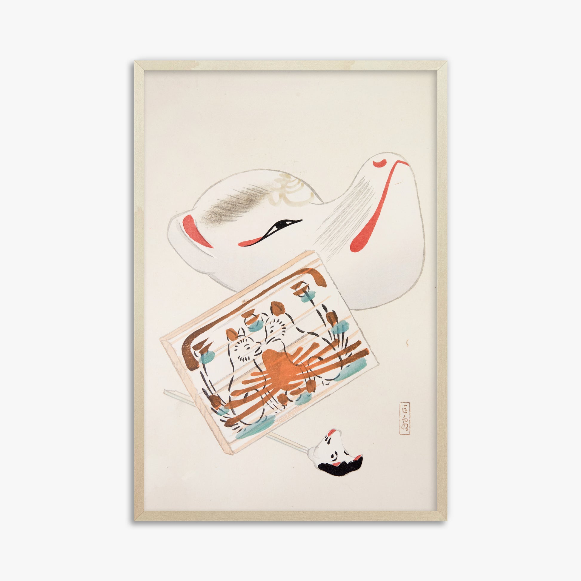 Kawasaki Kyosen: Kyosen’s Collected Illustrations of Japanese Toys Nr. 59 ("Serene Eastern Tranquility"), 61x91cm Framed Art Reproduction With Lime Wood Frame