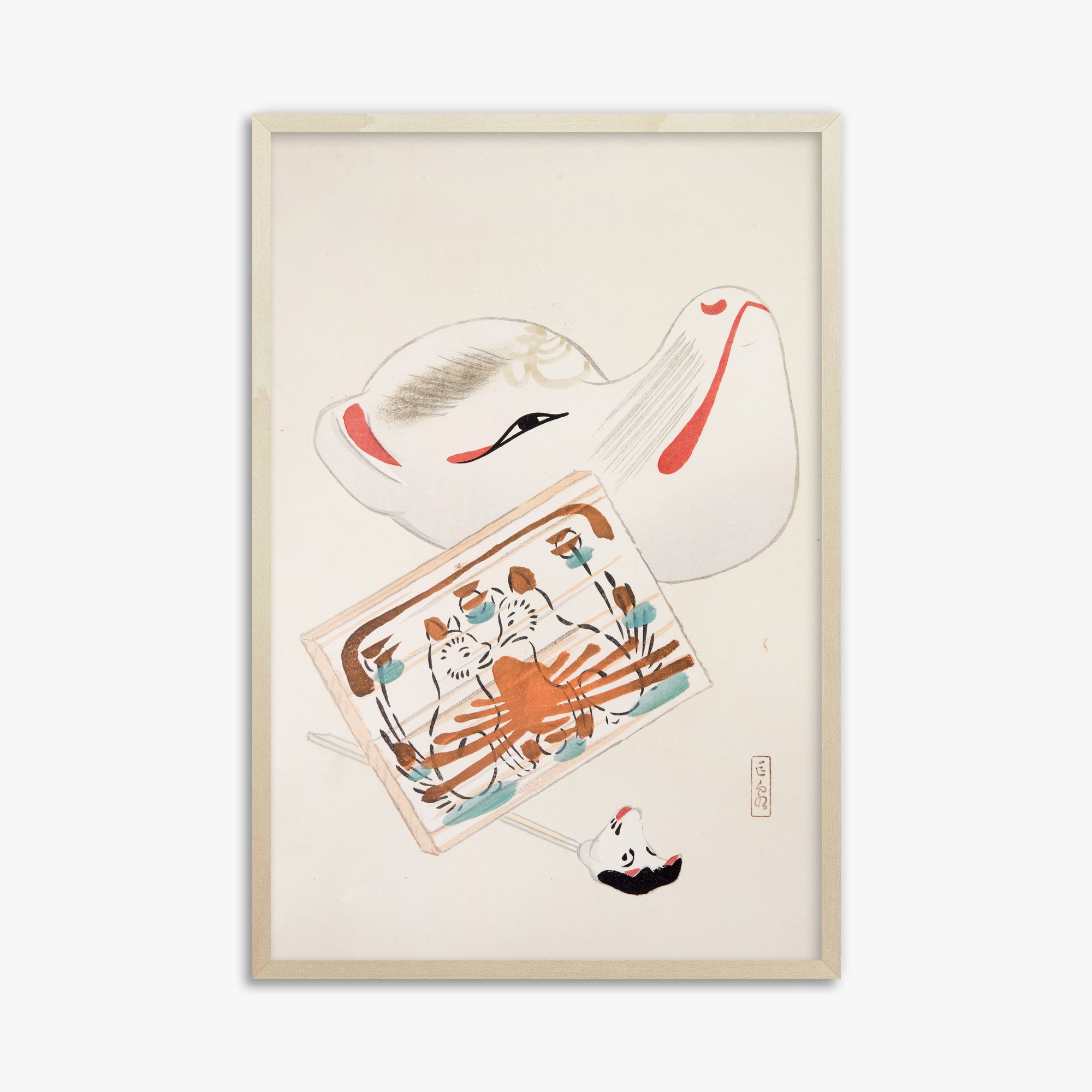 Kawasaki Kyosen: Kyosen’s Collected Illustrations of Japanese Toys Nr. 59 ("Serene Eastern Tranquility"), 61x91cm Framed Art Reproduction With Lime Wood Frame
