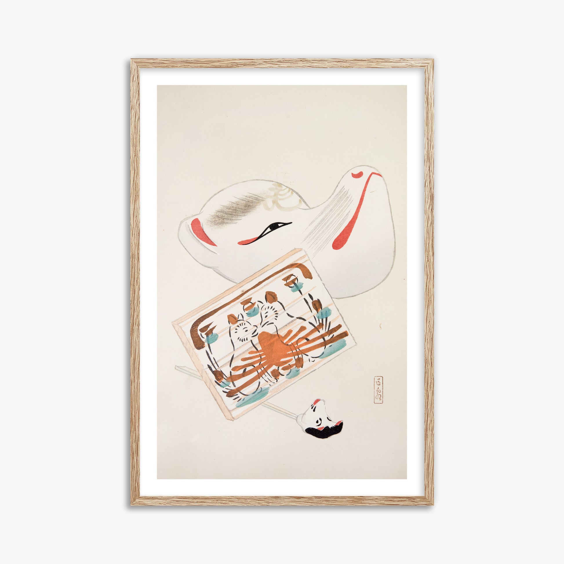 Kawasaki Kyosen: Kyosen’s Collected Illustrations of Japanese Toys Nr. 59 ("Serene Eastern Tranquility"), 61x91cm Framed Art Reproduction With Raw Oak Frame