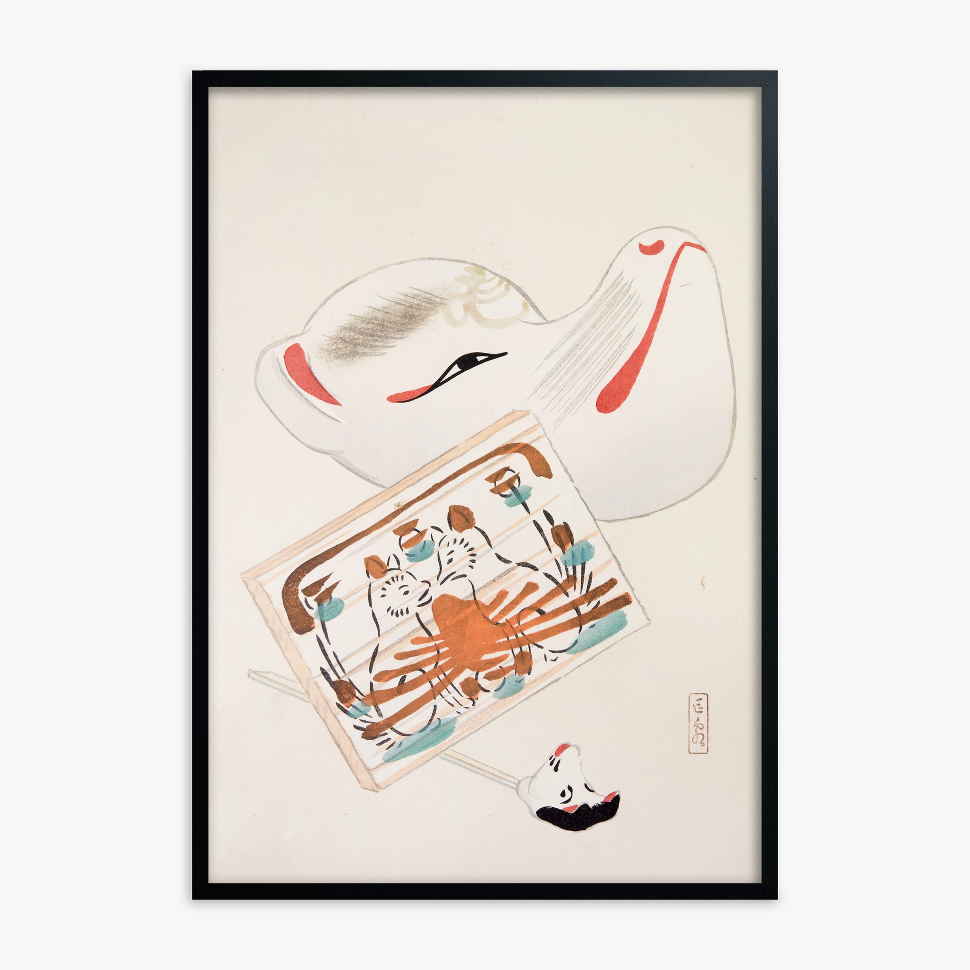 Kawasaki Kyosen: Kyosen’s Collected Illustrations of Japanese Toys Nr. 59 ("Serene Eastern Tranquility"), Black Framed Art Reproduction With Black Frame