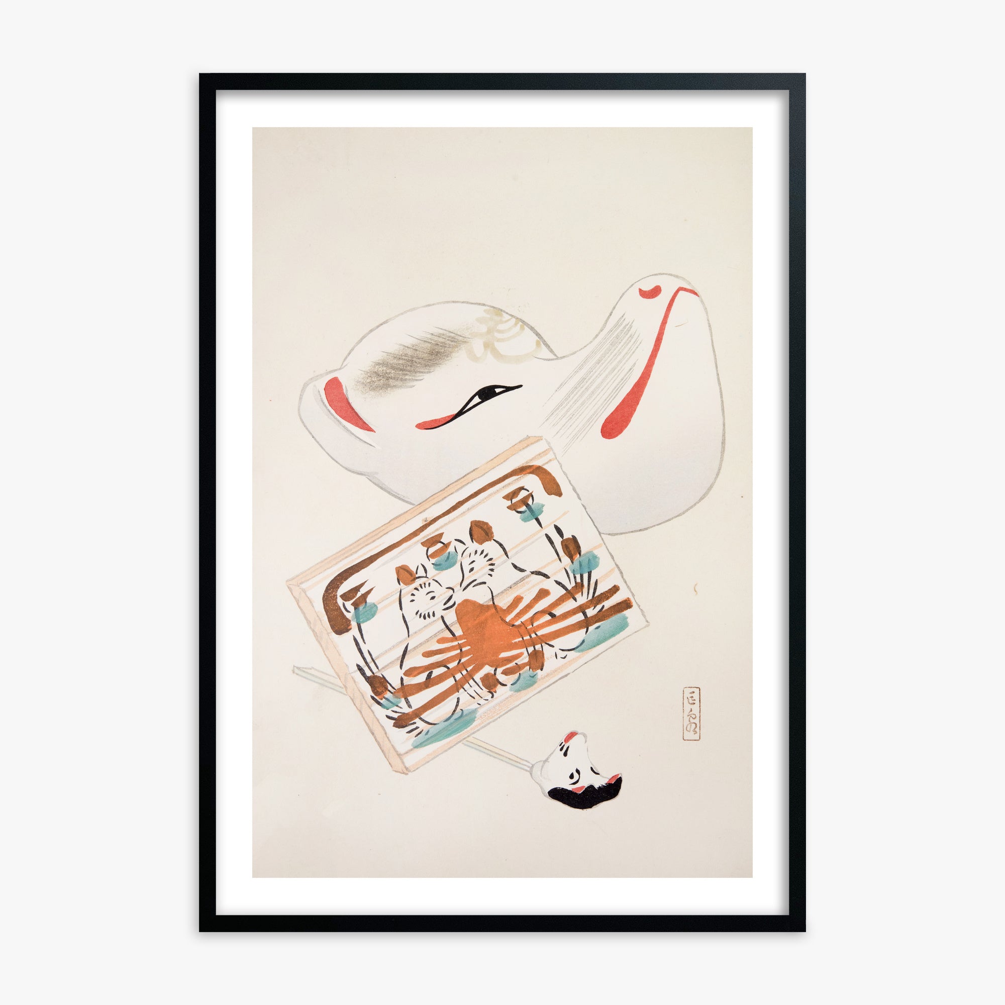 Kawasaki Kyosen: Kyosen’s Collected Illustrations of Japanese Toys Nr. 59 ("Serene Eastern Tranquility"), Black Framed Art Reproduction With Black Frame